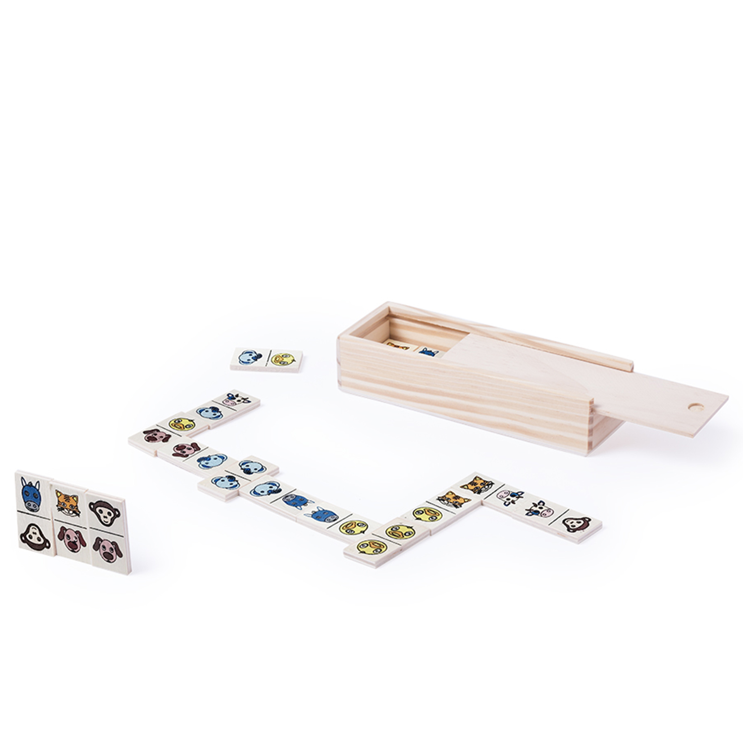 Gioco del domino in legno con facce di animali, scatola aperta e tessere.
