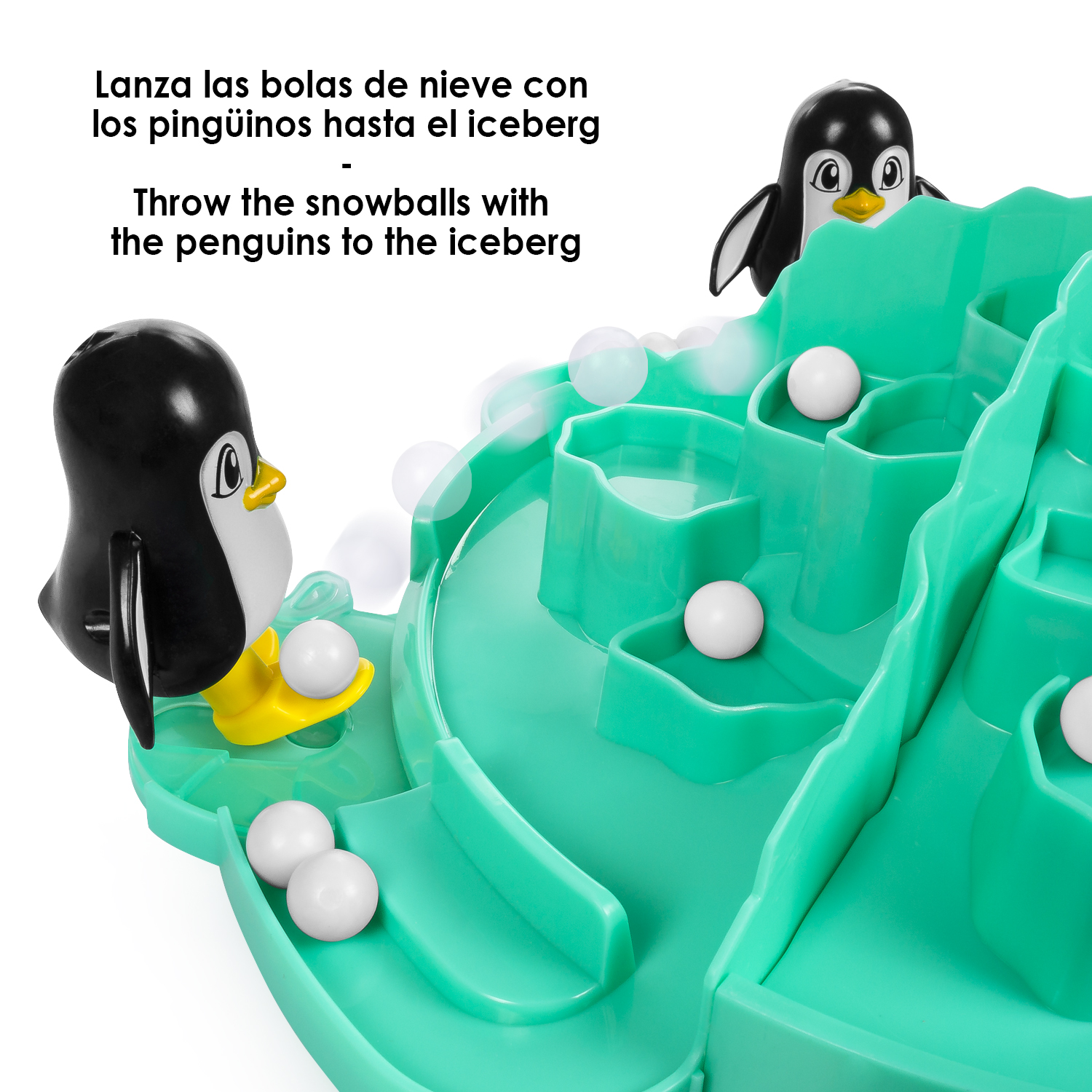 Un giocattolo a forma di pinguino che lancia palline bianche verso un iceberg verde acqua. Il gioco è per bambini.