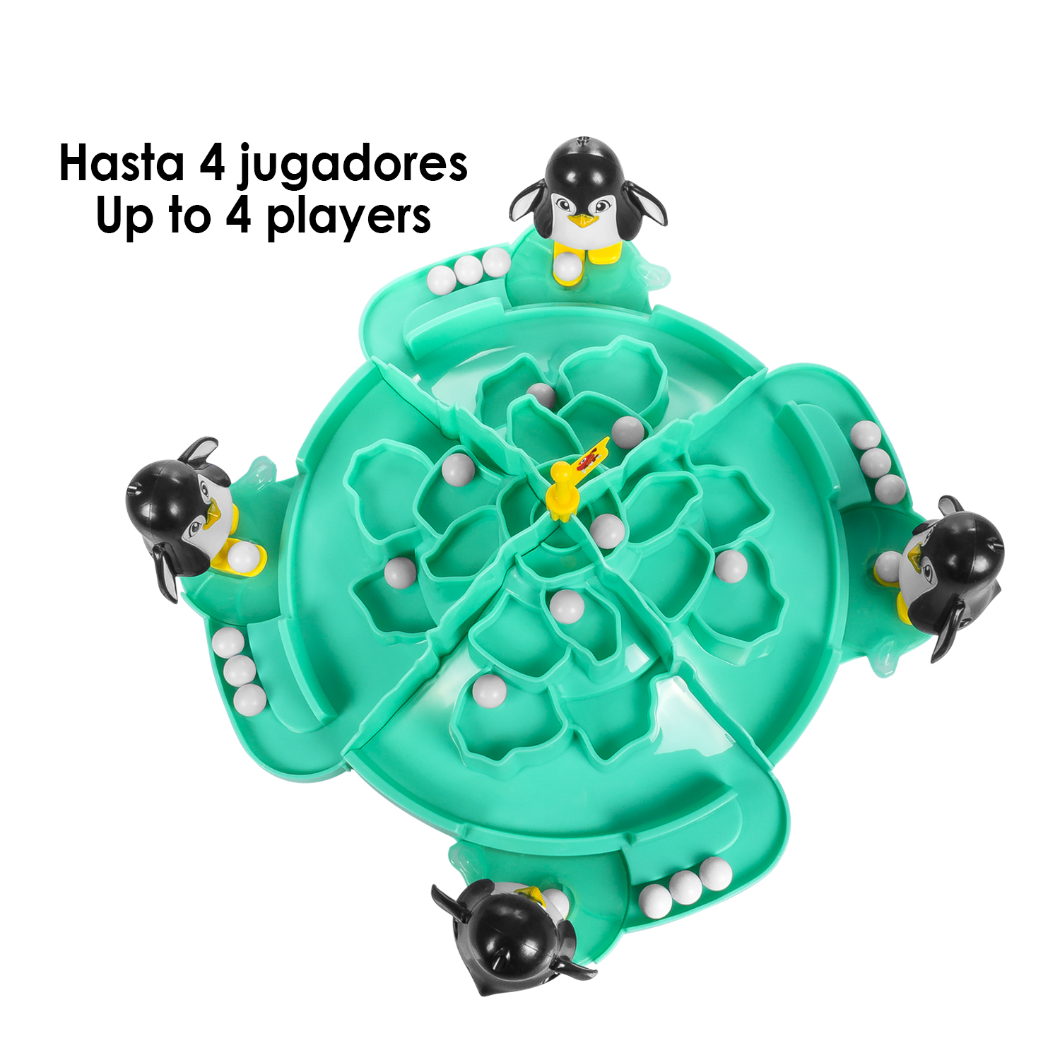 Gioco da tavolo con pinguini. Quattro pinguini agli angoli. Il gioco è verde con palline bianche.