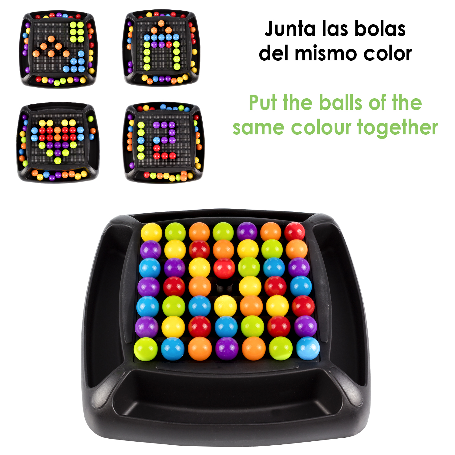 Gioco nero con palline colorate. Istruzioni in spagnolo. Vengono mostrati quattro layout del gioco.