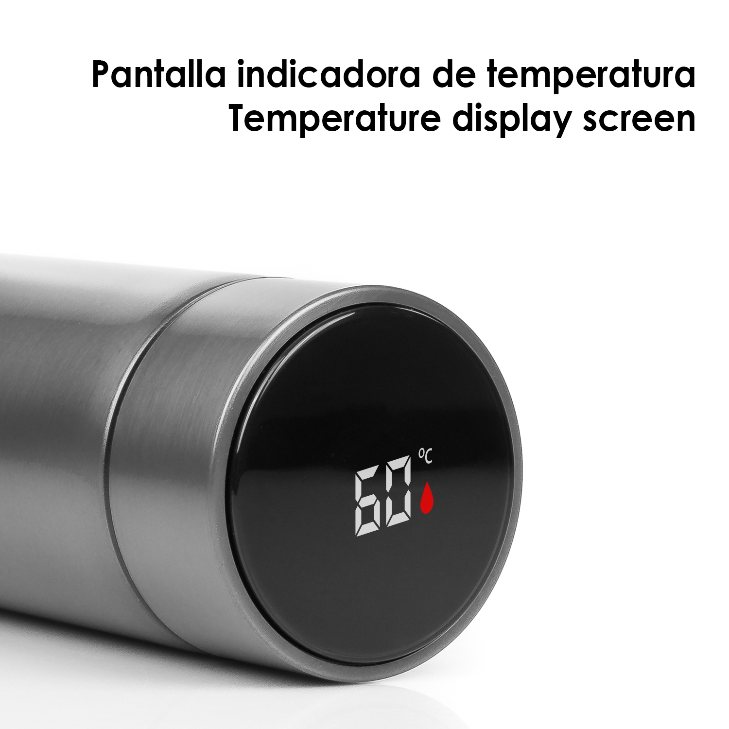 Un thermos grigio mostra uno schermo digitale della temperatura con una goccia rossa.