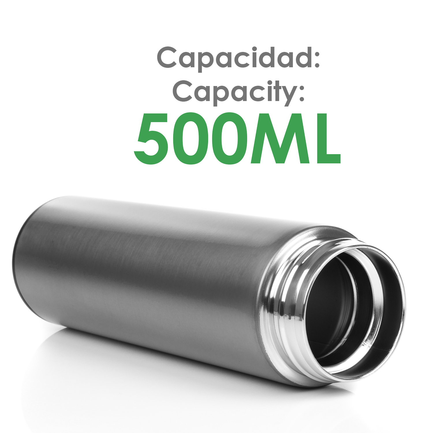 Borraccia d'argento con testo verde '500ml'.
