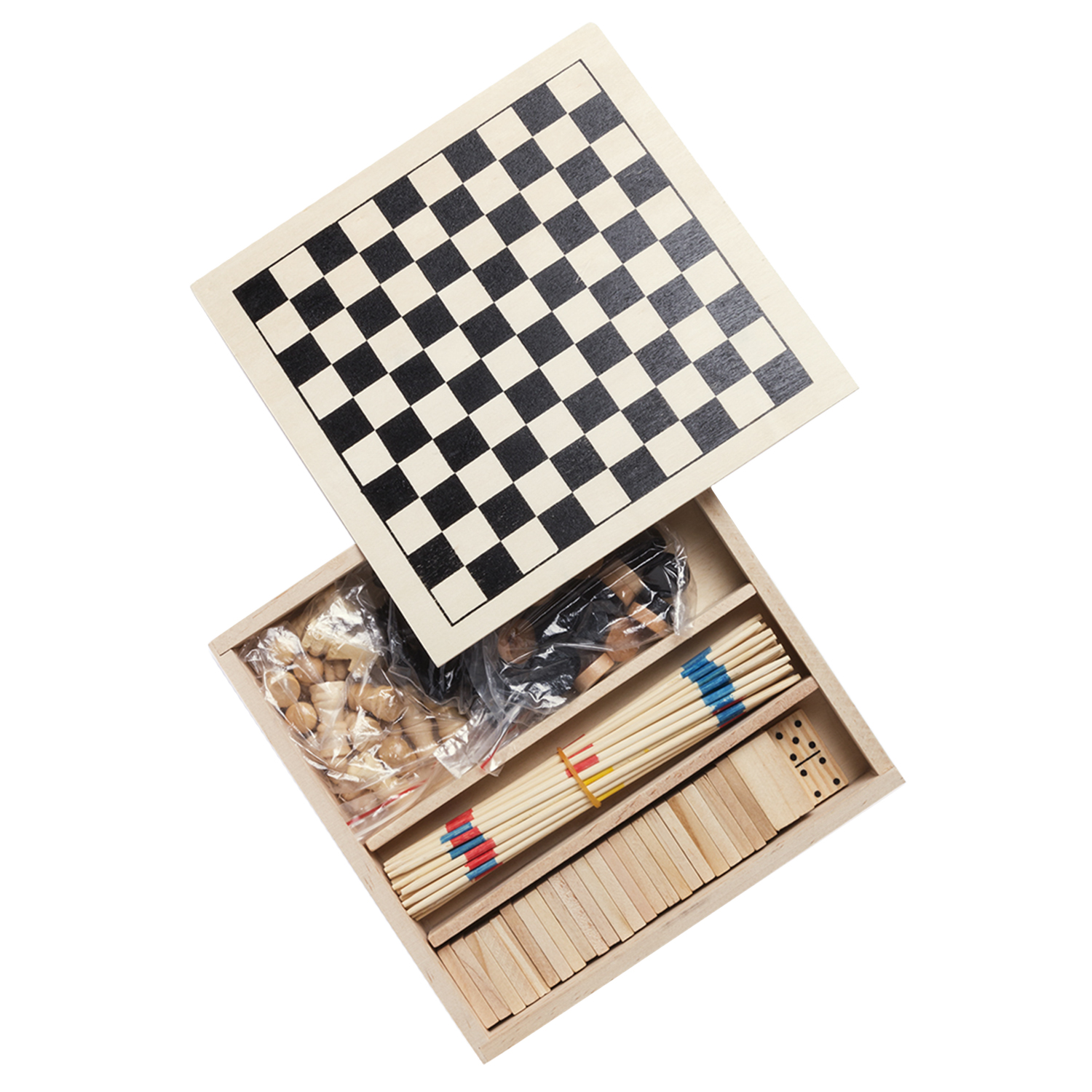 Scacchiera in legno con pezzi in una scatola e altri pezzi del gioco.
