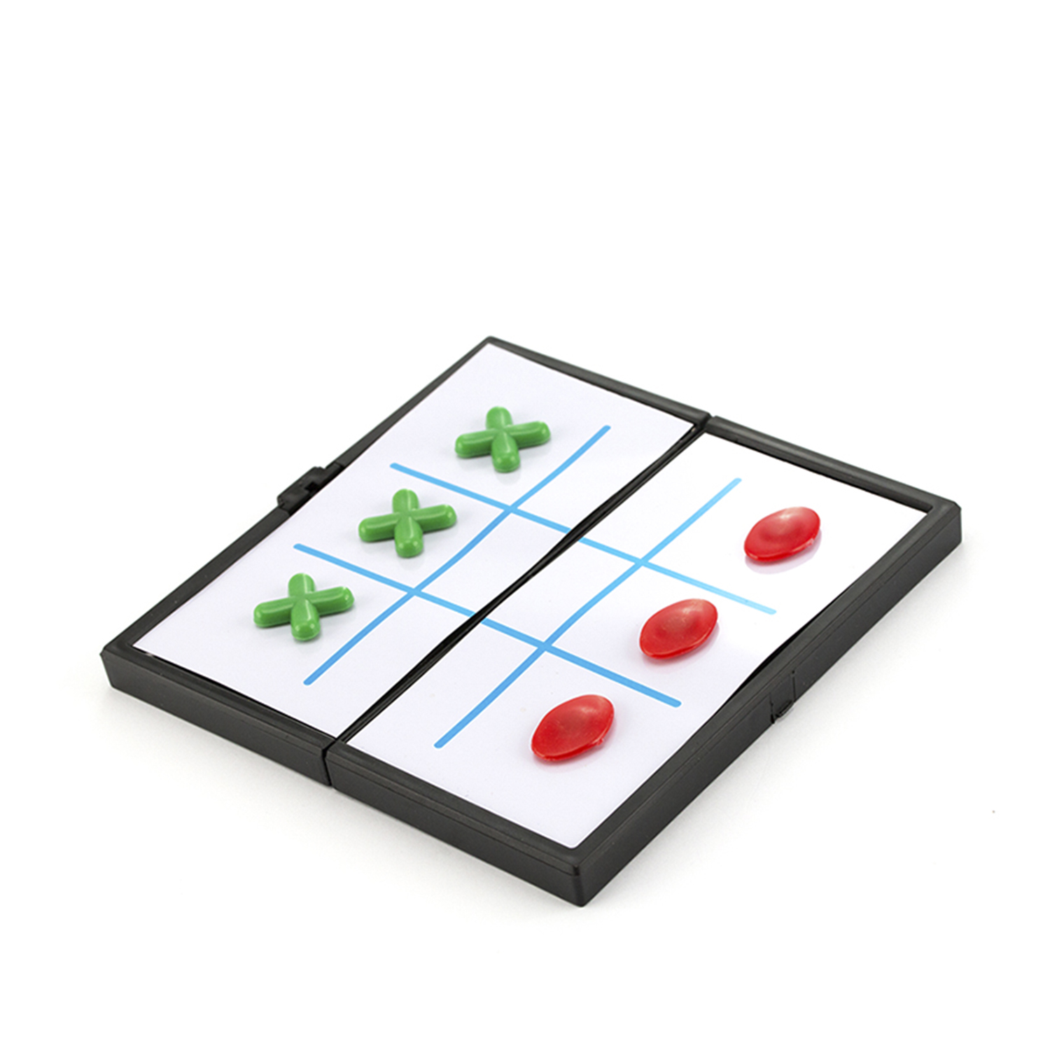 Juego de tres en raya. X verdes y O rojas. Marco negro, líneas de cuadrícula azules. Fondo blanco.