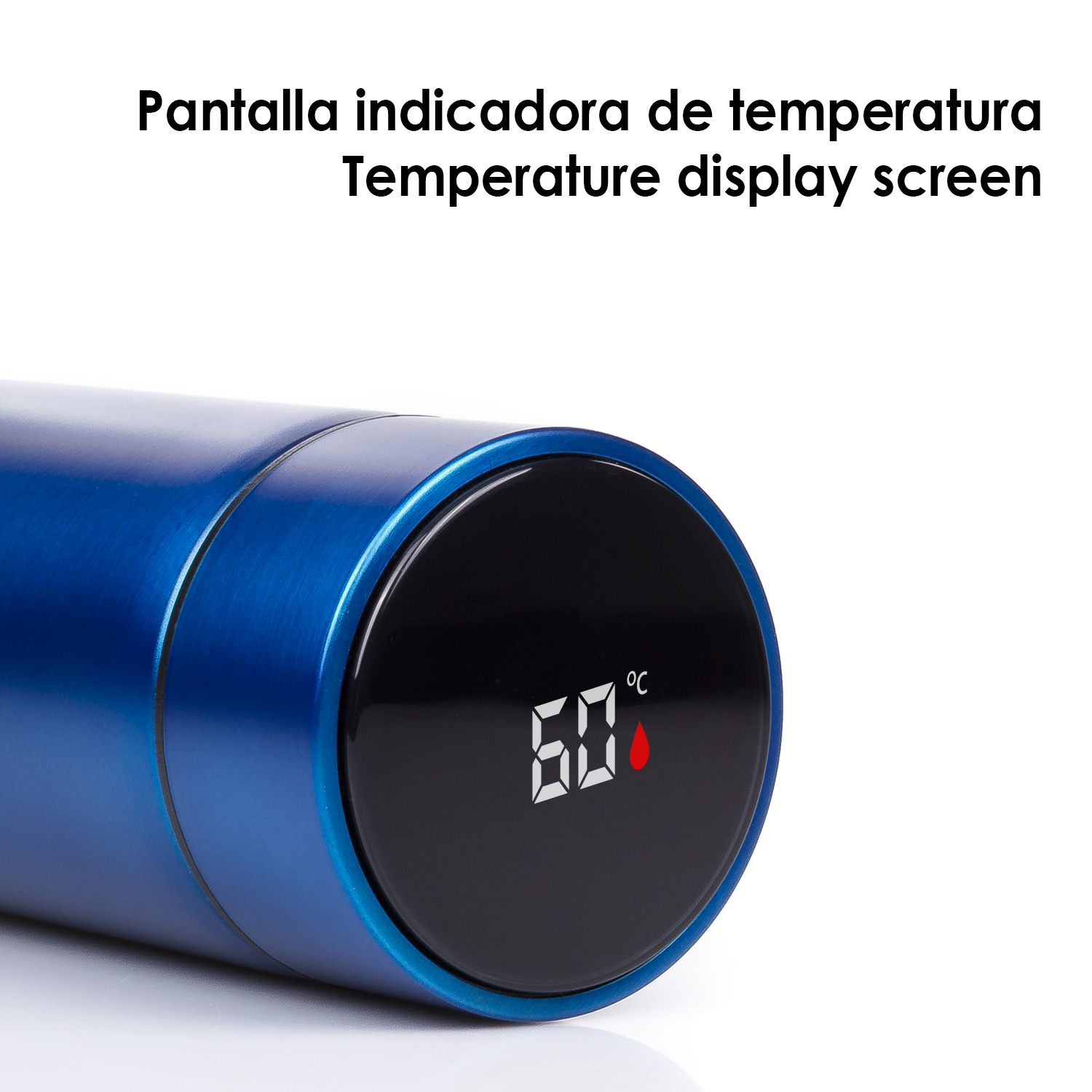 Una botella de agua inteligente azul con una pantalla digital de temperatura que muestra 60 grados Celsius.