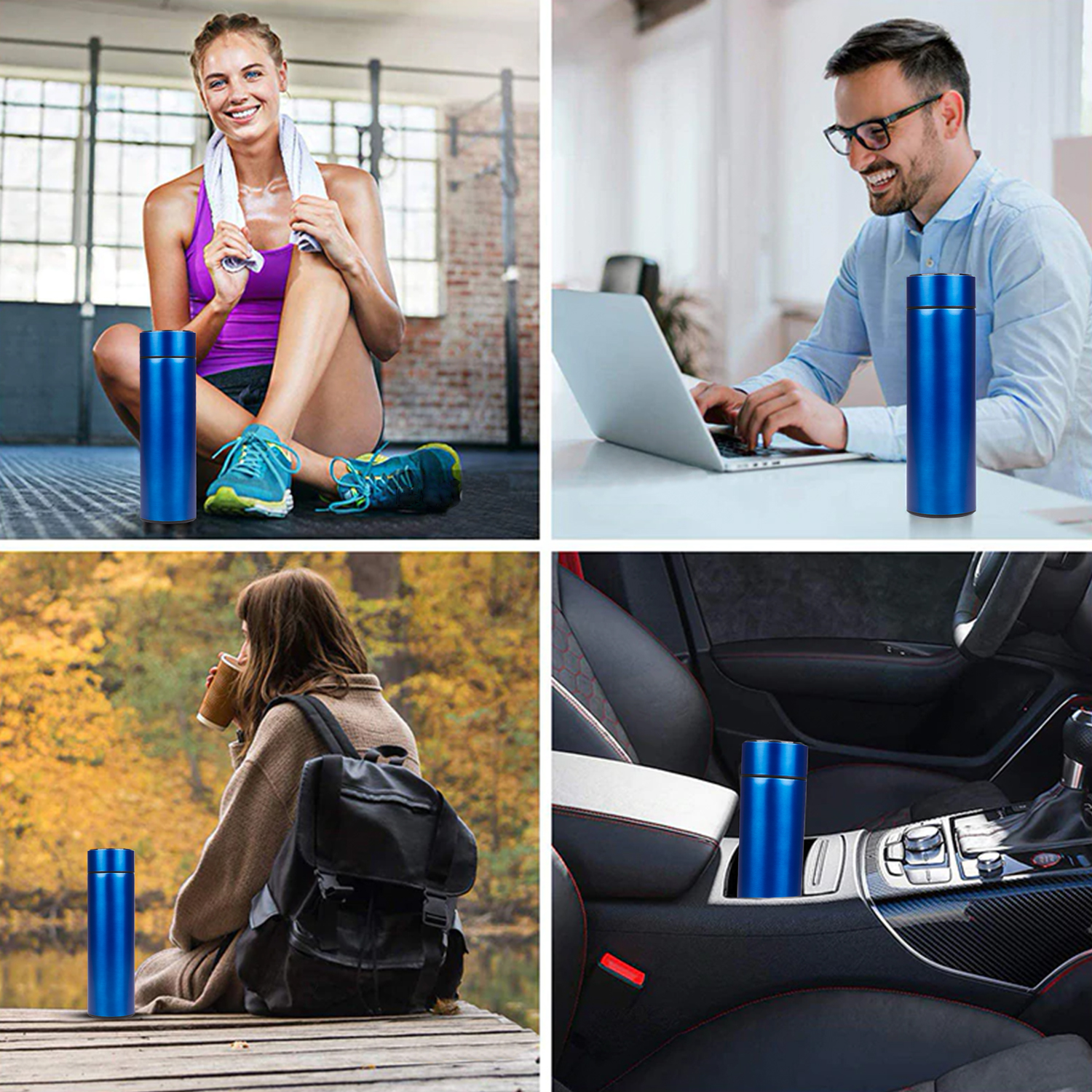 Cuatro imágenes de personas con botellas de agua azules. Escenarios: gimnasio, trabajo, naturaleza, coche.