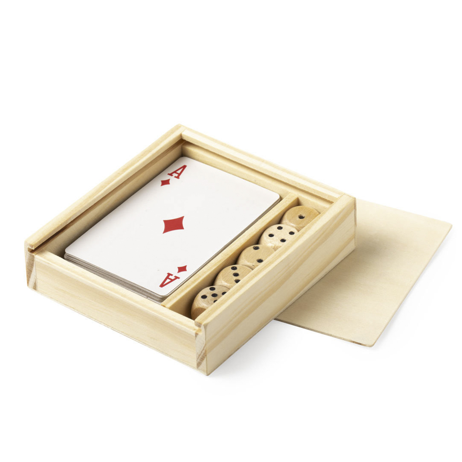 Una scatola di legno contiene carte da gioco e dadi. Le carte mostrano un Asso di quadri.