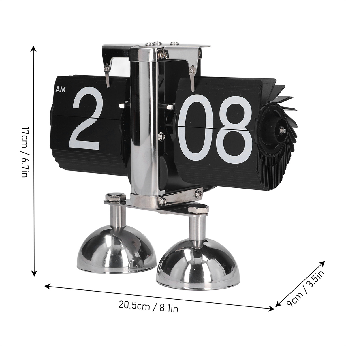 Eine schwarz-silberne Flip-Uhr, die die Zeit anzeigt, mit Größenangaben.