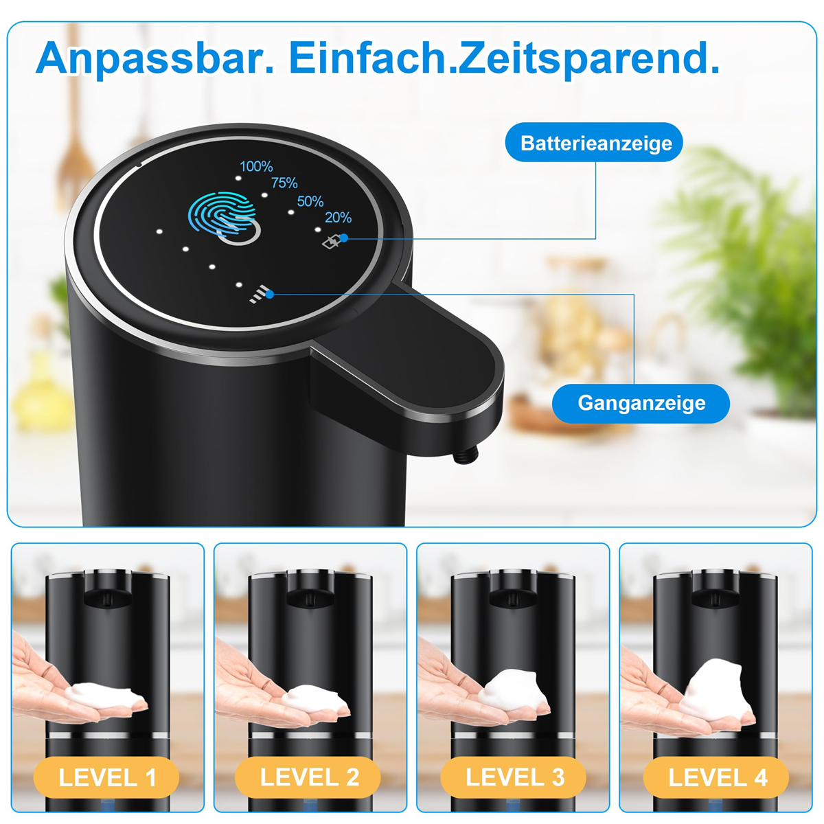 Schwarzer und silberner Seifenspender mit Digitalanzeige, Schaum in verschiedenen Stufen zeigend.