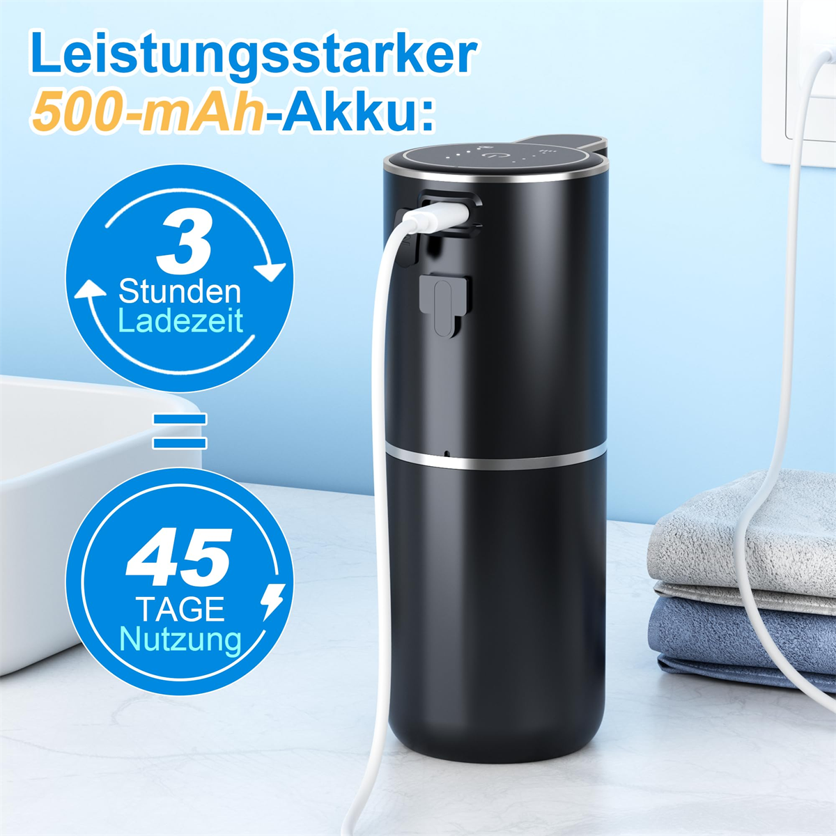 Schwarzer Spender mit eingestecktem weißen USB-C-Kabel. Blauer und weißer Text.