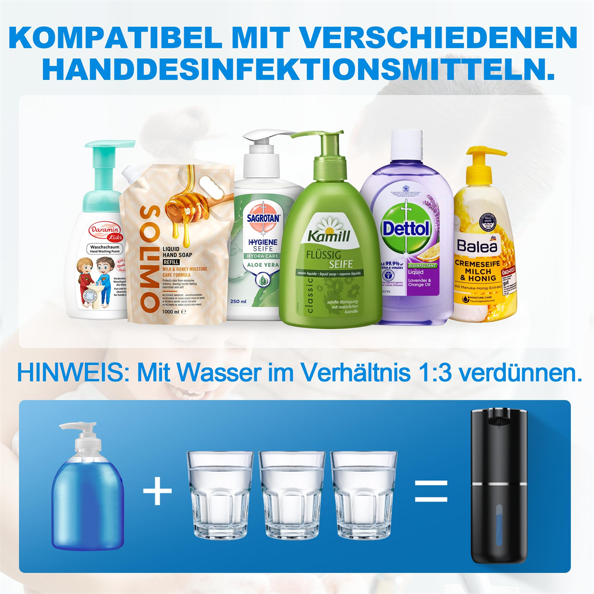Sortiment an Händedesinfektionsmitteln und Seifen. Text auf Deutsch. Flasche mit Wasser und Seife.