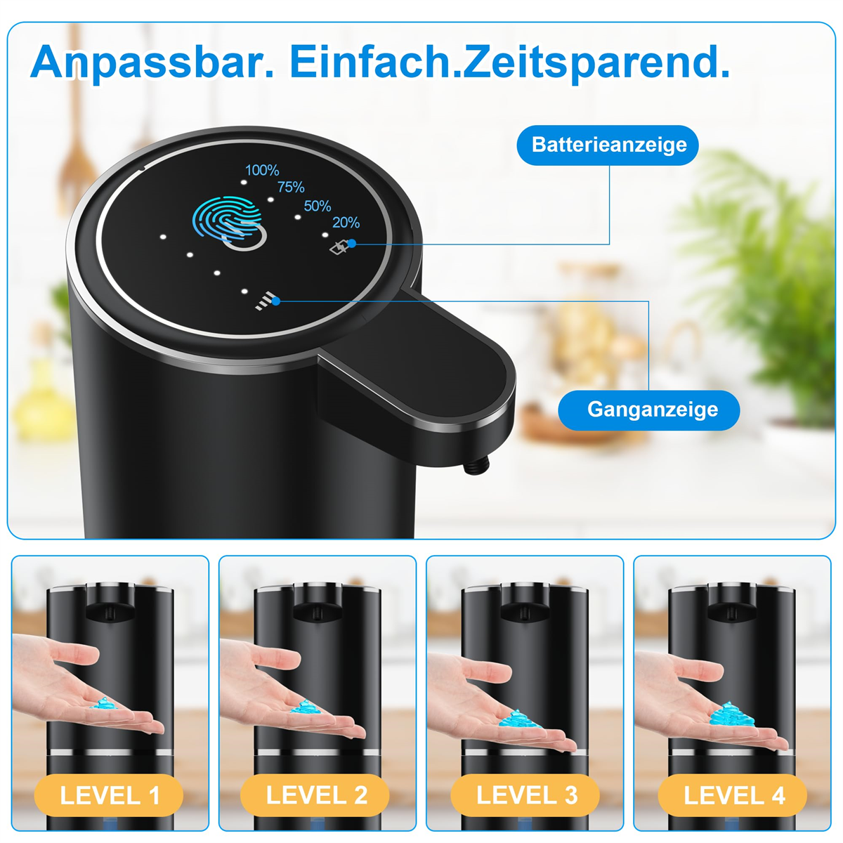 Schwarzer Seifenspender mit Touchscreen und vier Stufen. Weißer Hintergrund.