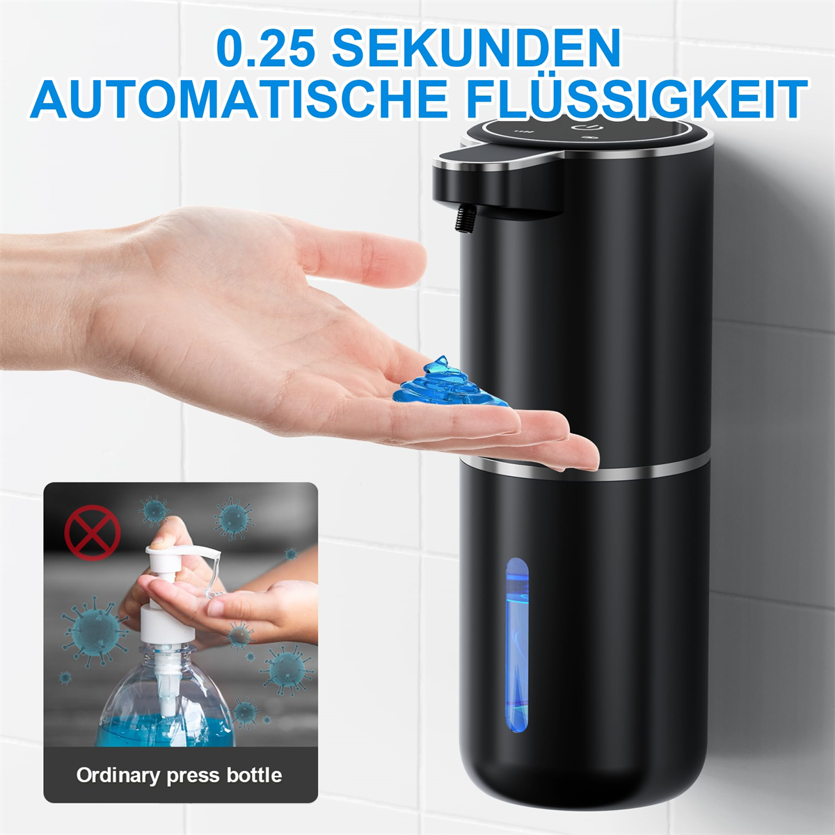 Schwarzer automatischer Seifenspender, Hand mit Seife und normale Flasche.