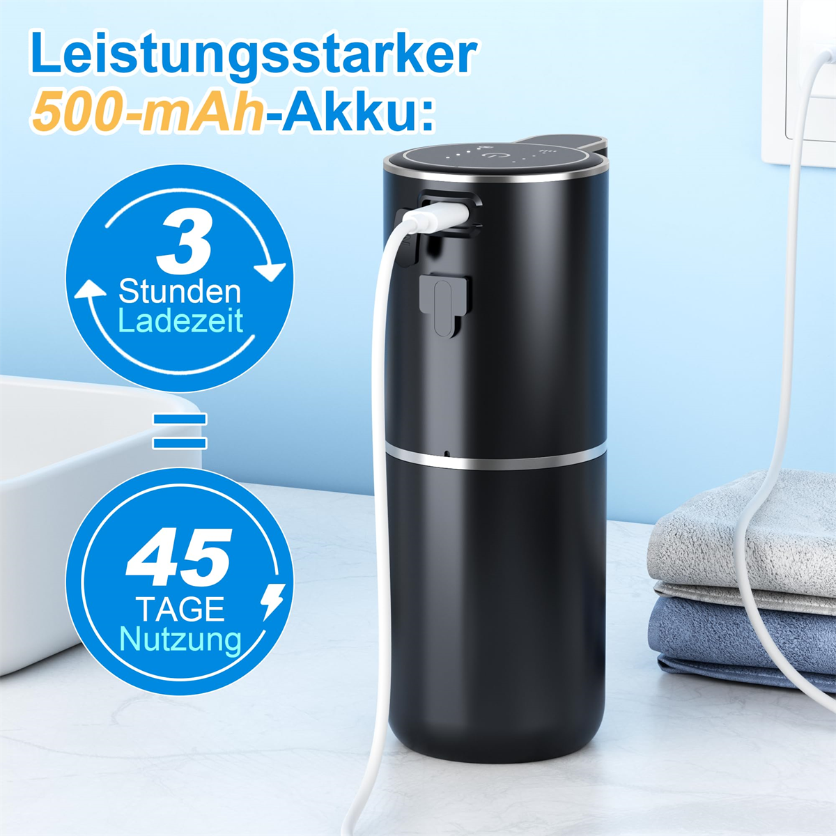 Schwarz zylindrisches Gerät mit weißem USB-C-Kabel, Digitalanzeige und Text mit 3 Stunden Ladezeit und 45 Tagen Nutzung.