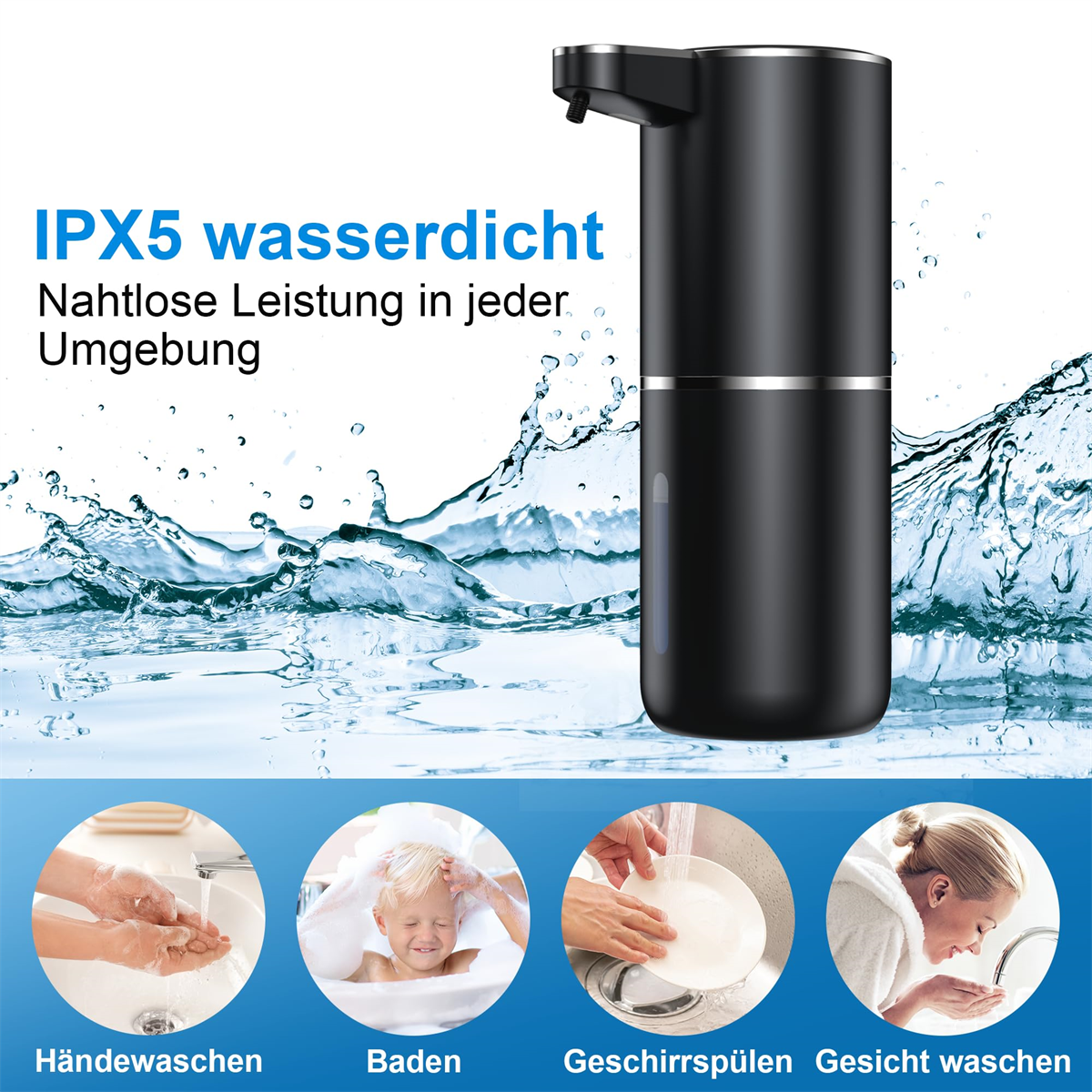 Schwarzer automatischer Seifenspender mit Wasser und Nutzungsszenarien auf blauem Hintergrund.