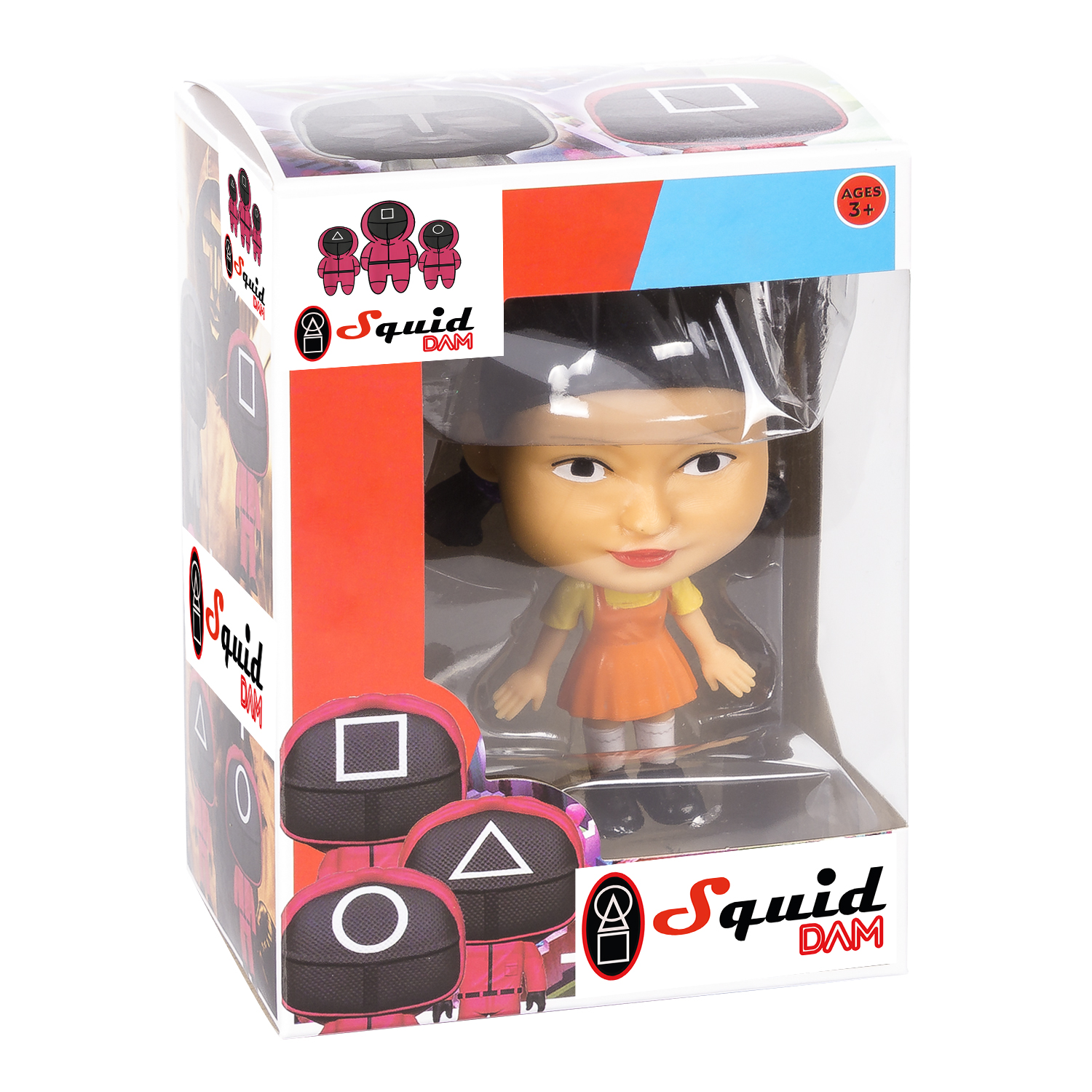 Muñeca de Squid Game en una caja. La muñeca es un personaje con atuendo rojo.
