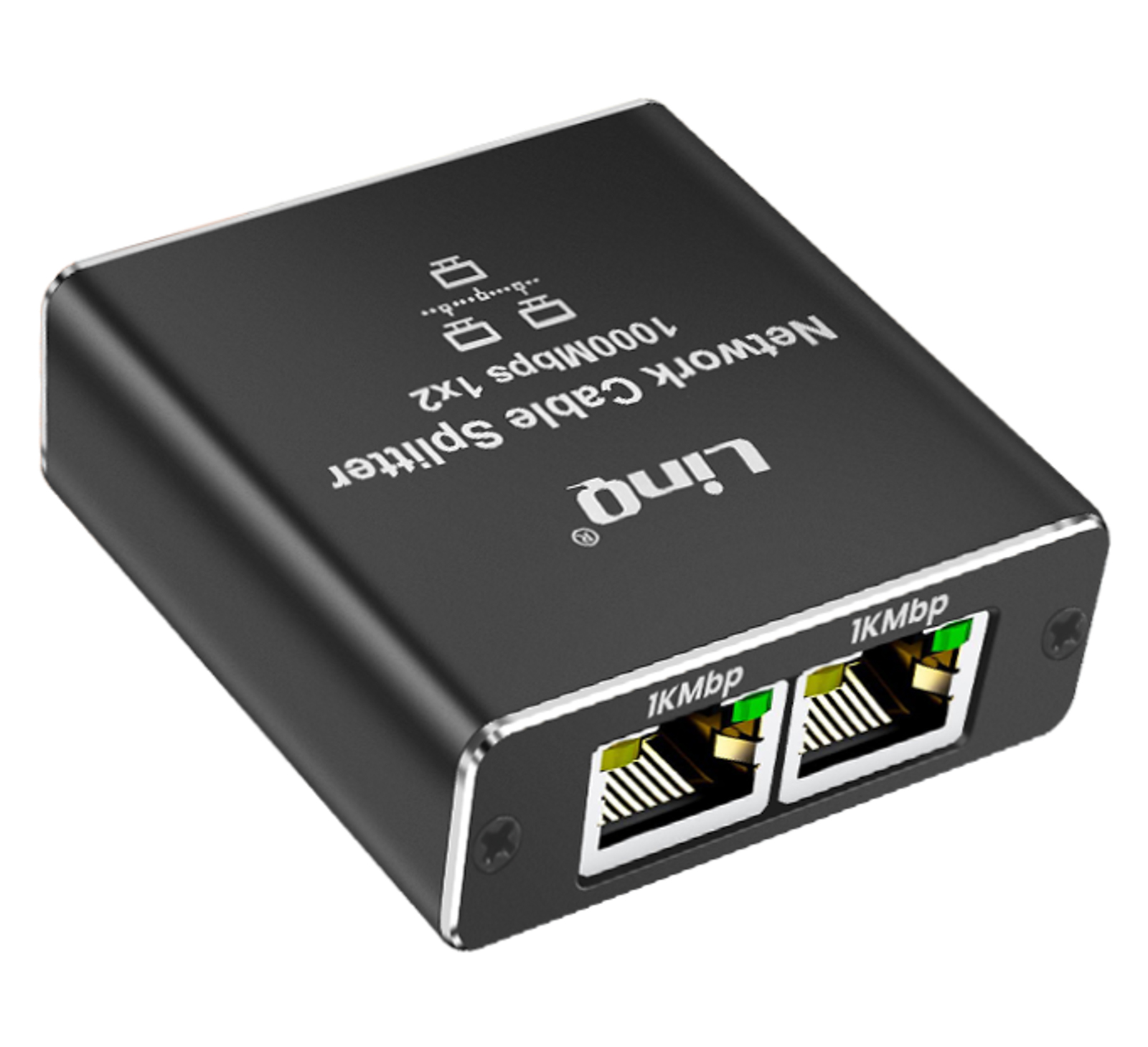 Schwarzer Netzwerkkabel-Splitter mit zwei Anschlüssen mit 1Kmbp und einem Logo.