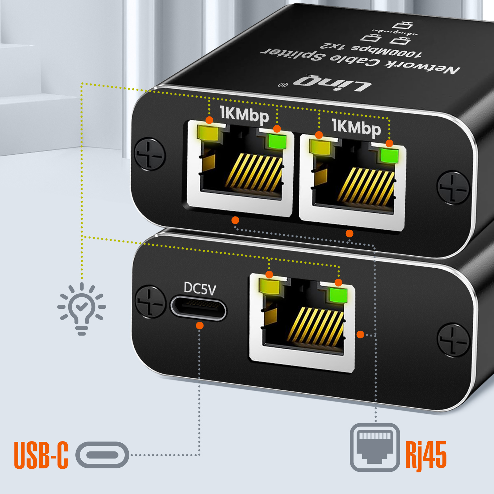 Schwarzer Netzwerk-Kabel-Splitter. Zeigt Anschlüsse, Stecker und Beschriftungen für 1Kmbp und USB-C.