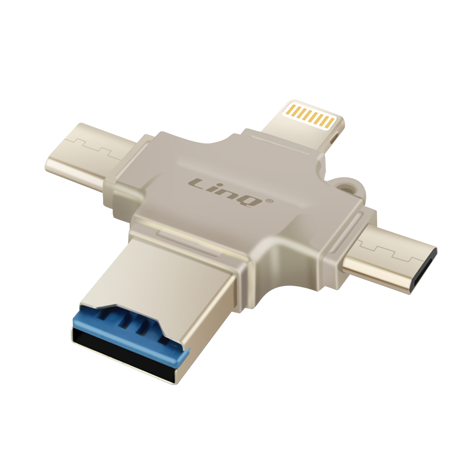 Ein silberner Multiport-USB-Adapter mit verschiedenen Anschlüssen.