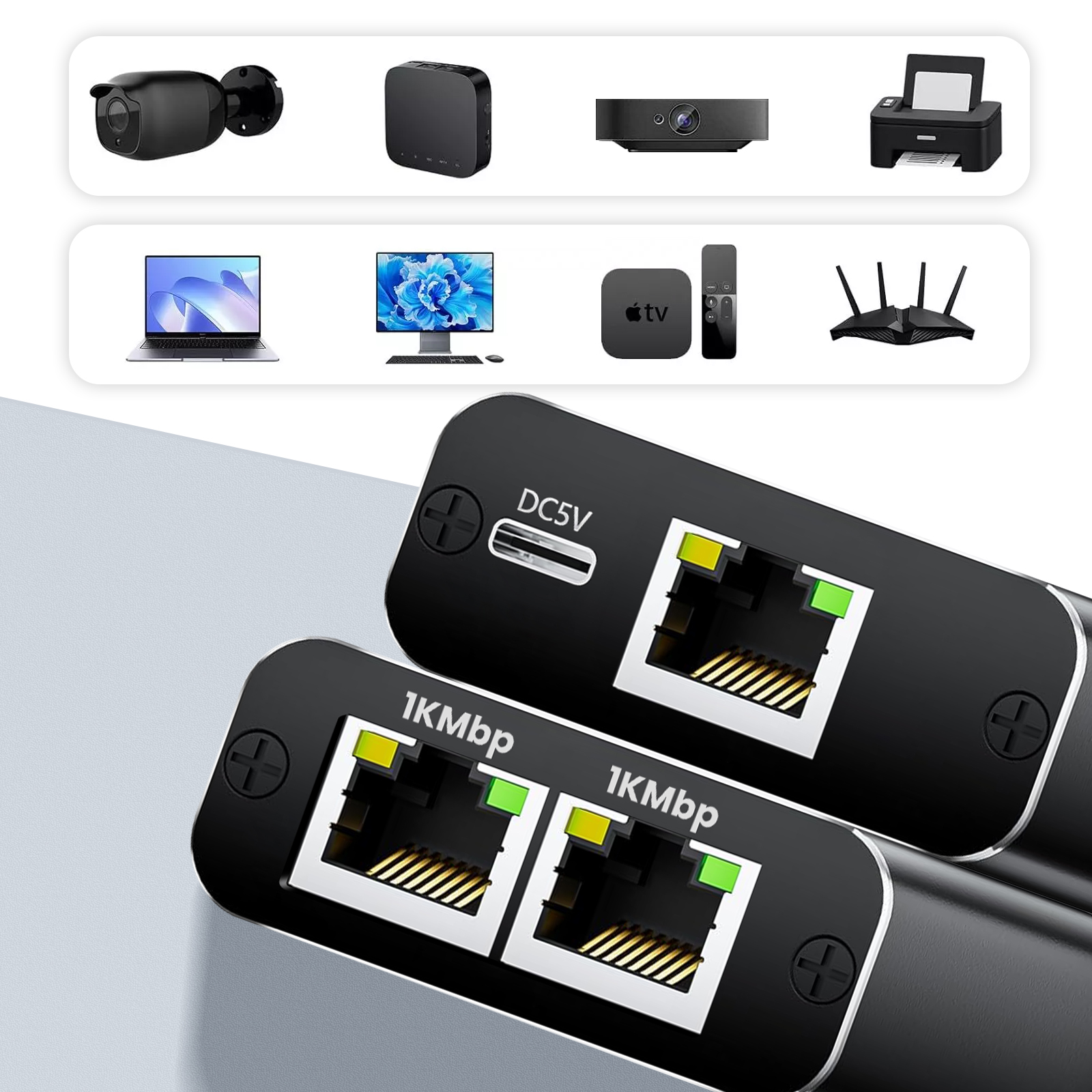 Verschiedene Tech-Geräte: Kameras, TV-Box, Webcam, Drucker, Laptop, Monitor, Router und Fernbedienung.