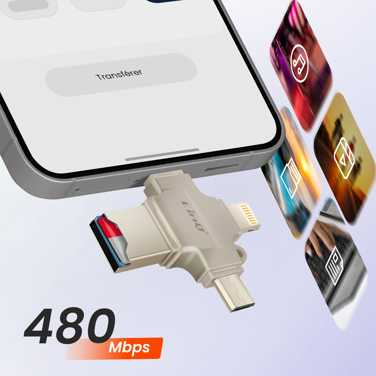 Telefon mit USB-Adapter mit SD-Karte verbunden. Mehrere Symbole auf dem Bildschirm.