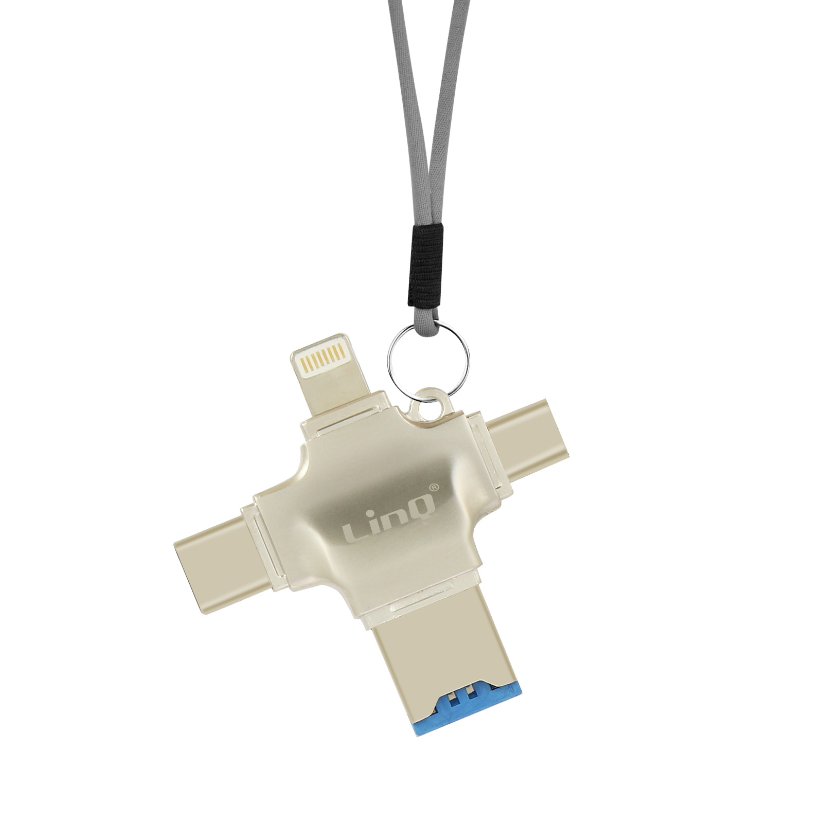 Silberner und weißer USB-C-Multi-Anschluss mit grauem Schlüsselband.