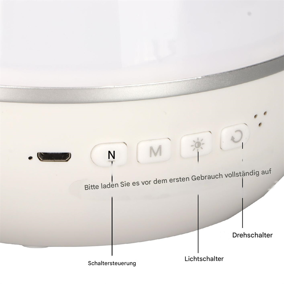 Weißes Gerät mit den Tasten 'N', 'M', Licht und einem gebogenen Pfeil. Text darunter.