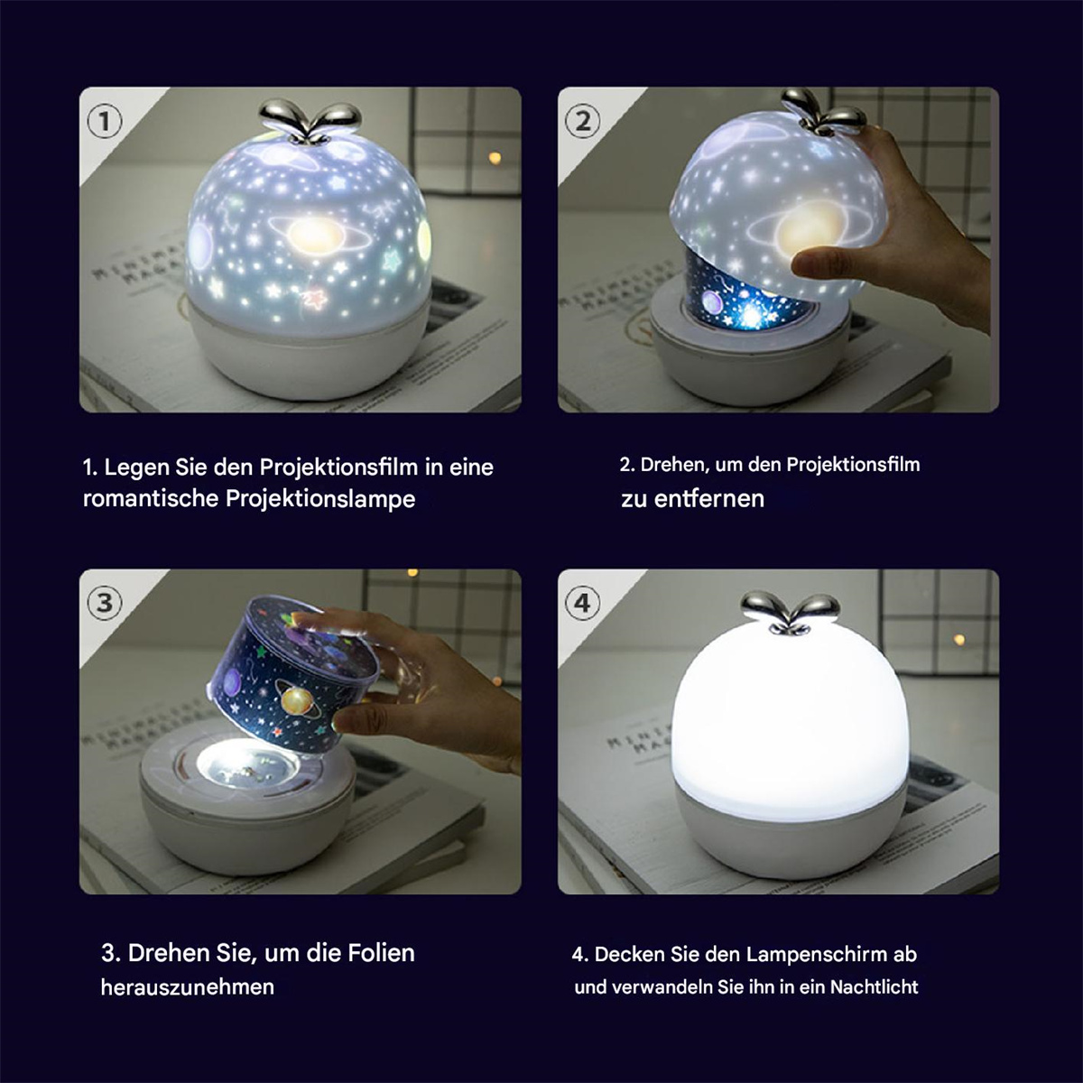 Vierteiliges Bild, das eine Galaxie-Projektorlampe als Nachtlicht zeigt, mit Anwendungsschritten.