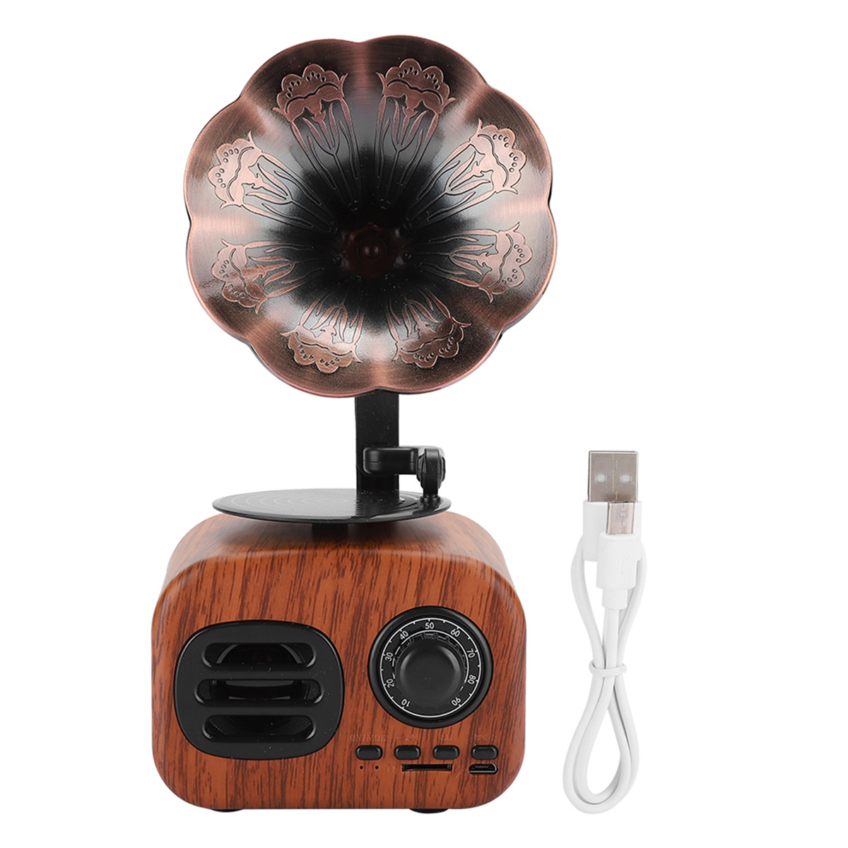 Lautsprecher im Grammofon-Stil in Holzoptik. Kupferfarbenes Horn. USB-Kabel angeschlossen. Knöpfe und Zifferblatt vorne.