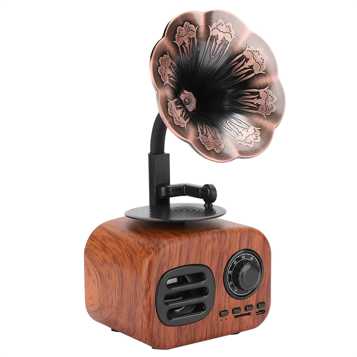 Brauner Lautsprecher im Vintage-Stil mit Kupferhorn.