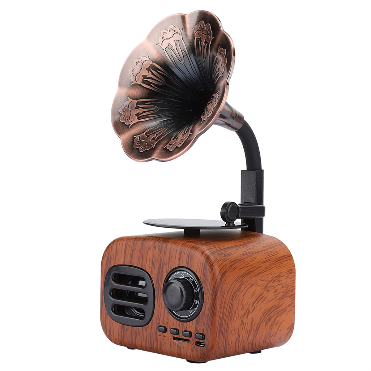 Lautsprecher im Vintage-Stil mit Holzoptik, Bronzetrichter und Regler.