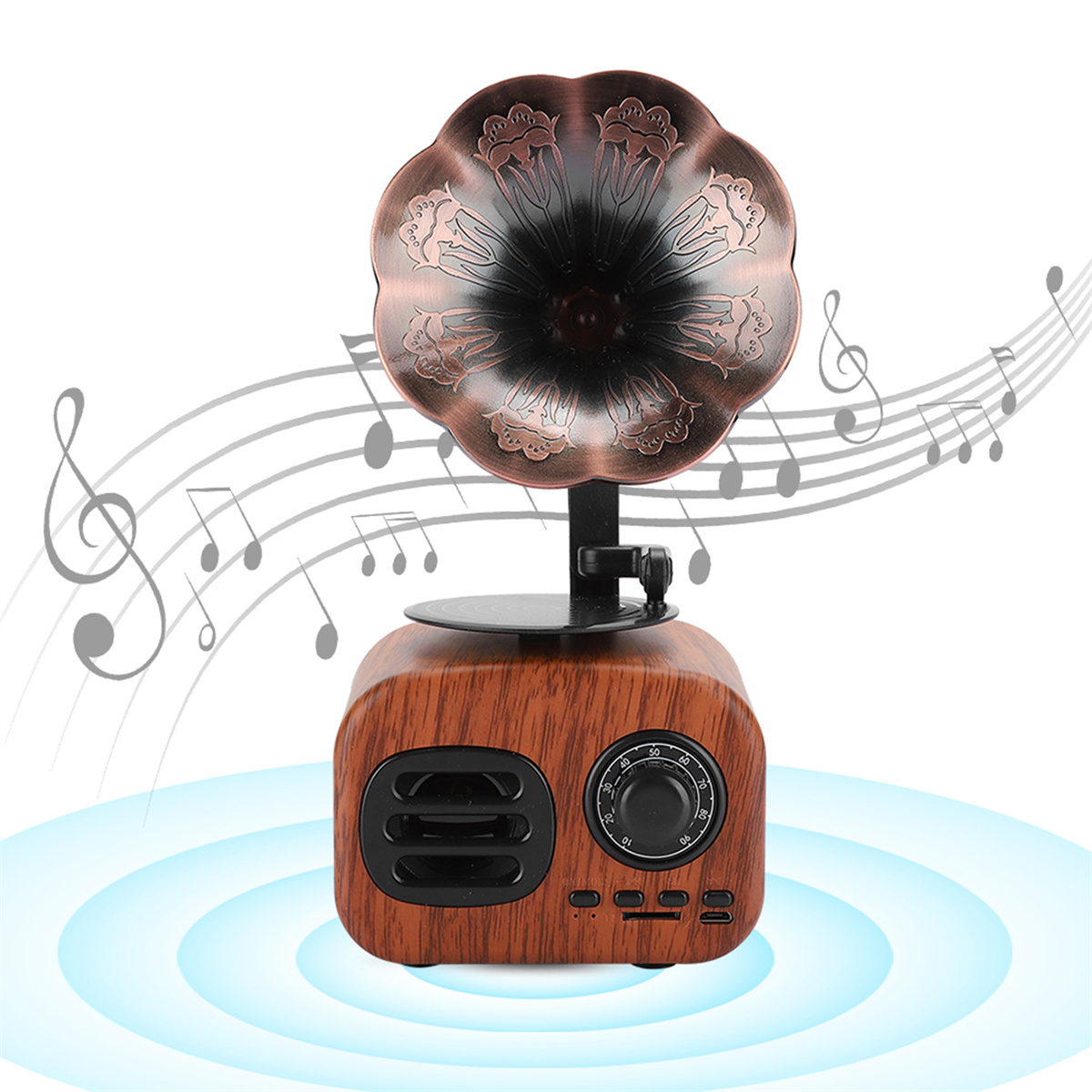 Ein Retro-Grammophon in Holzoptik mit Schallwellen und Noten im Hintergrund.