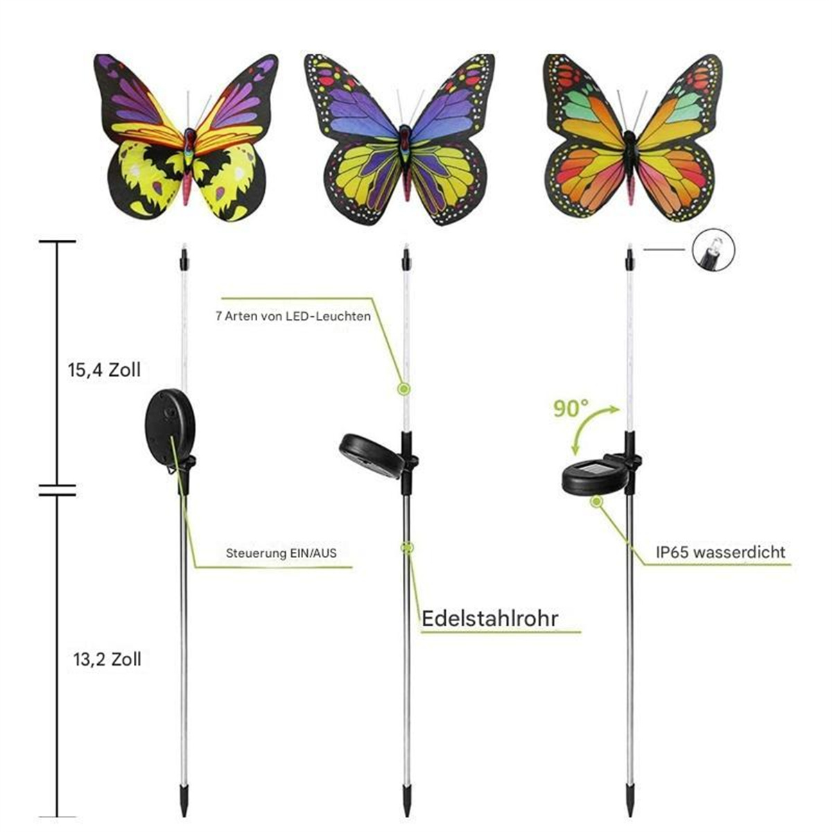 Drei dekorative Schmetterlingslichter mit Ständern. Die Lichter sind mehrfarbig.