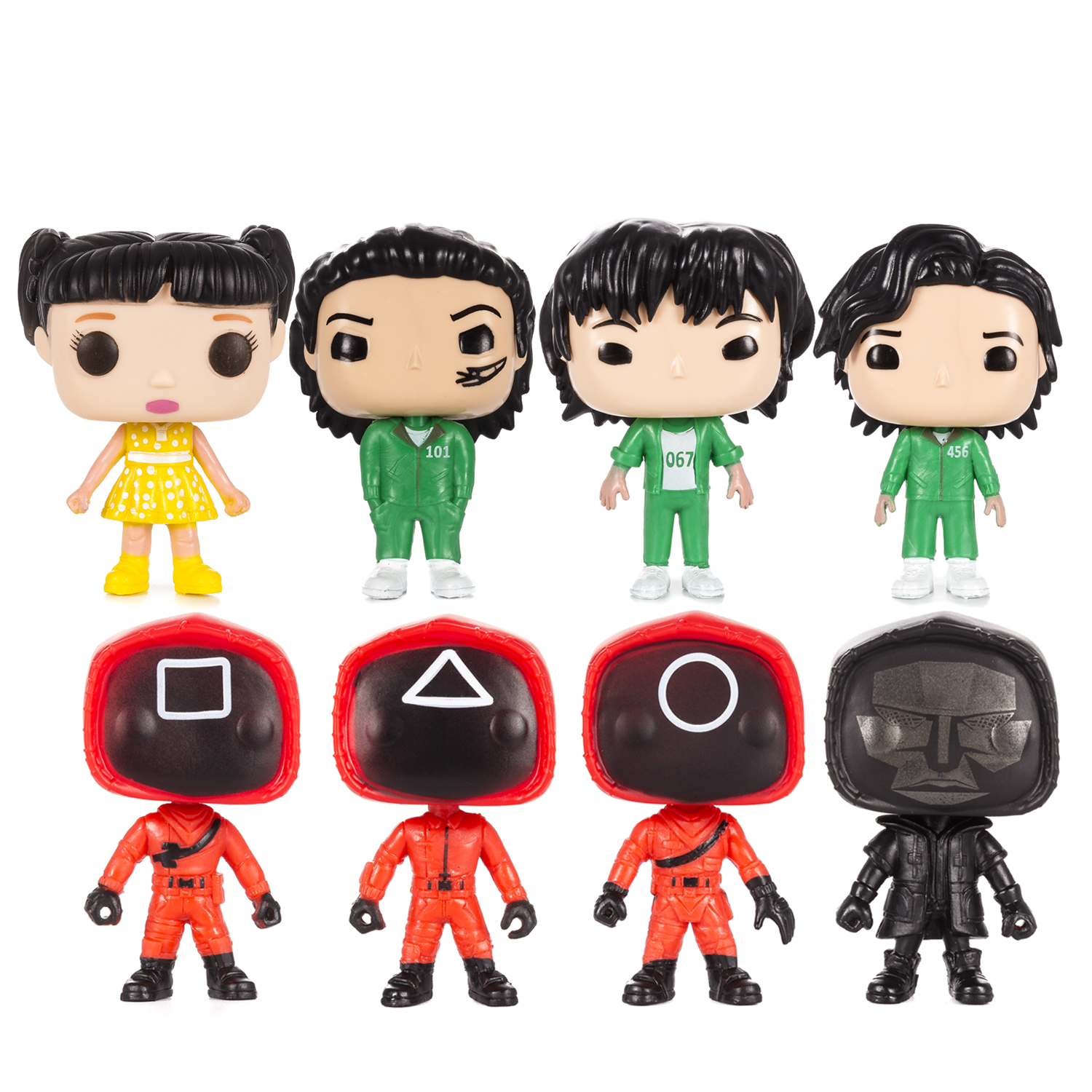 Otto personaggi Funko Pop di Squid Game: quattro personaggi e quattro figure mascherate.