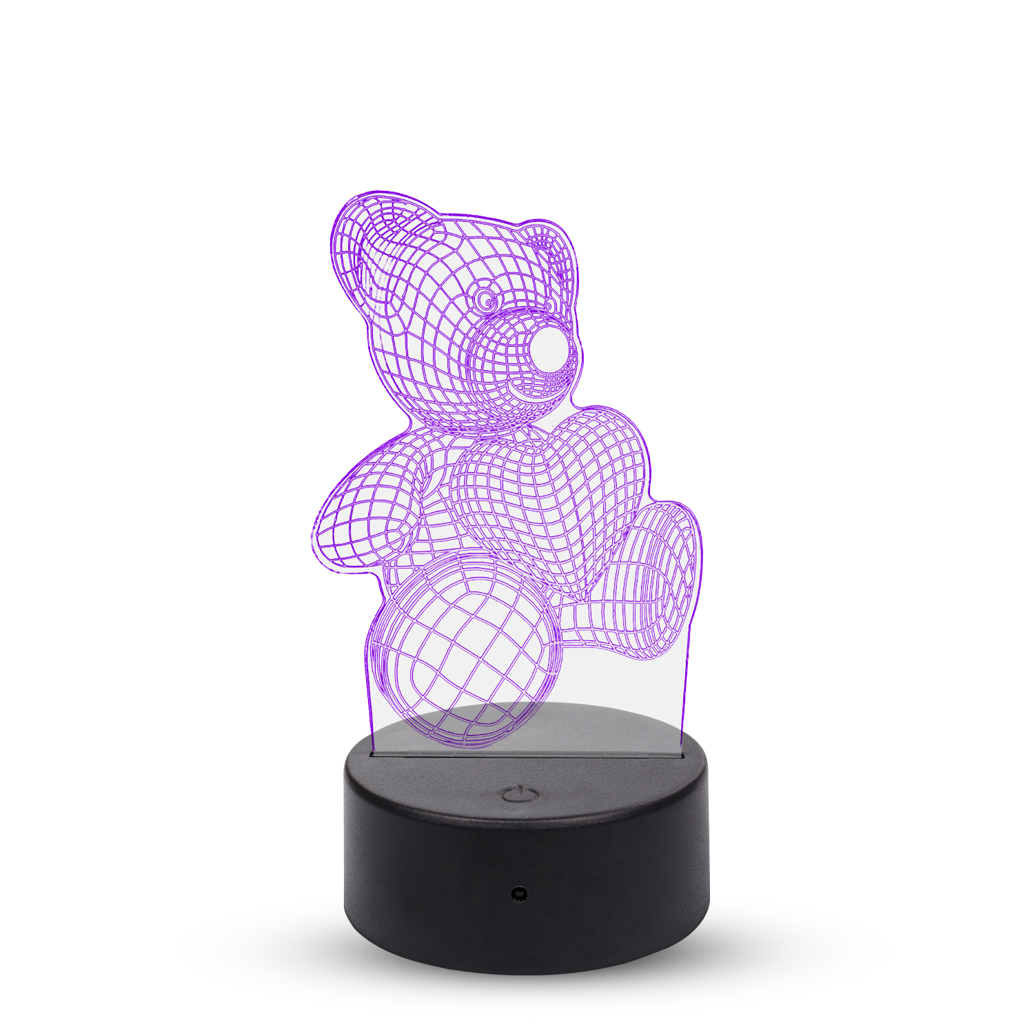 Una lampada 3D a forma di orso a reticolo. Si trova su una base nera e l'orso è viola.