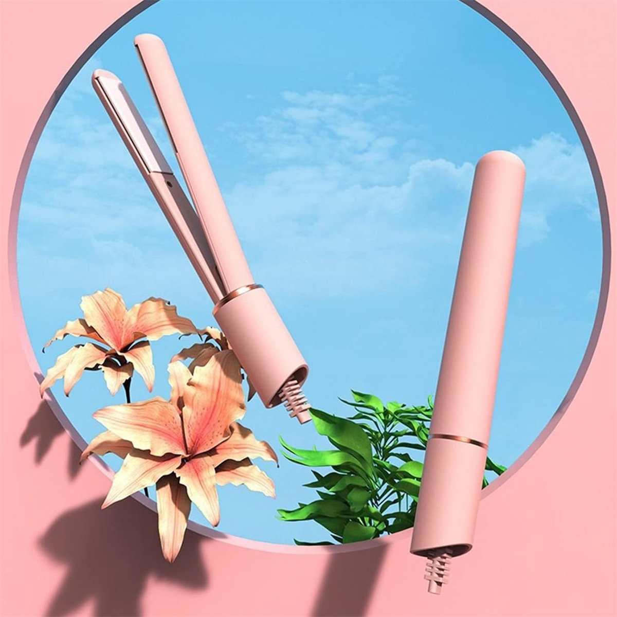 Zwei rosa Haarglätter mit rosa und blauem Hintergrund.