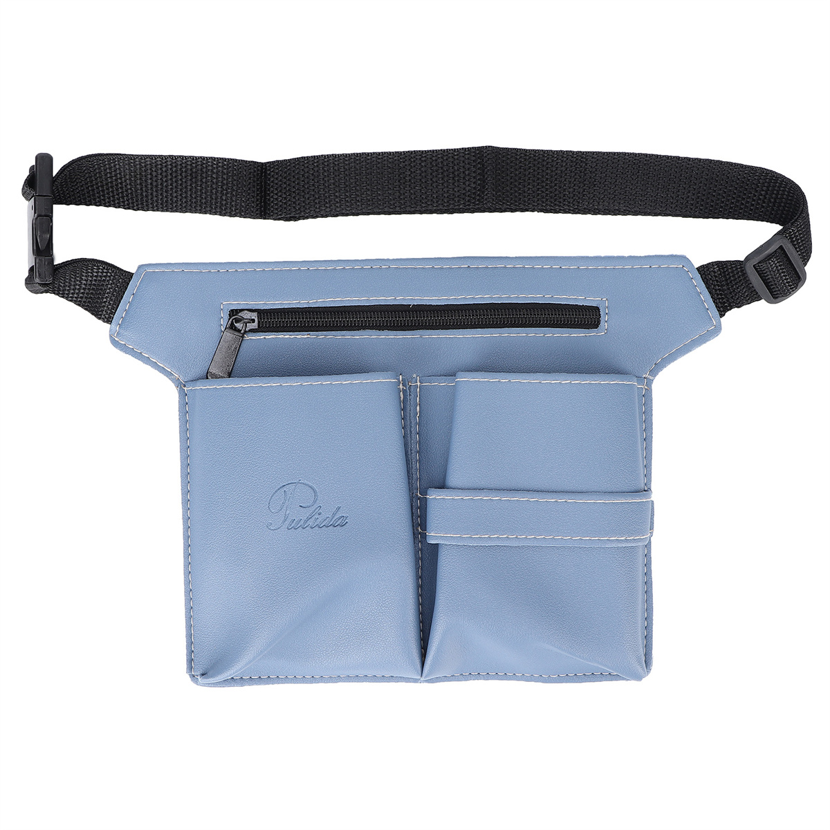 Hellblaue Bauchtasche mit Taschen, Reißverschluss und schwarzem Gürtel.