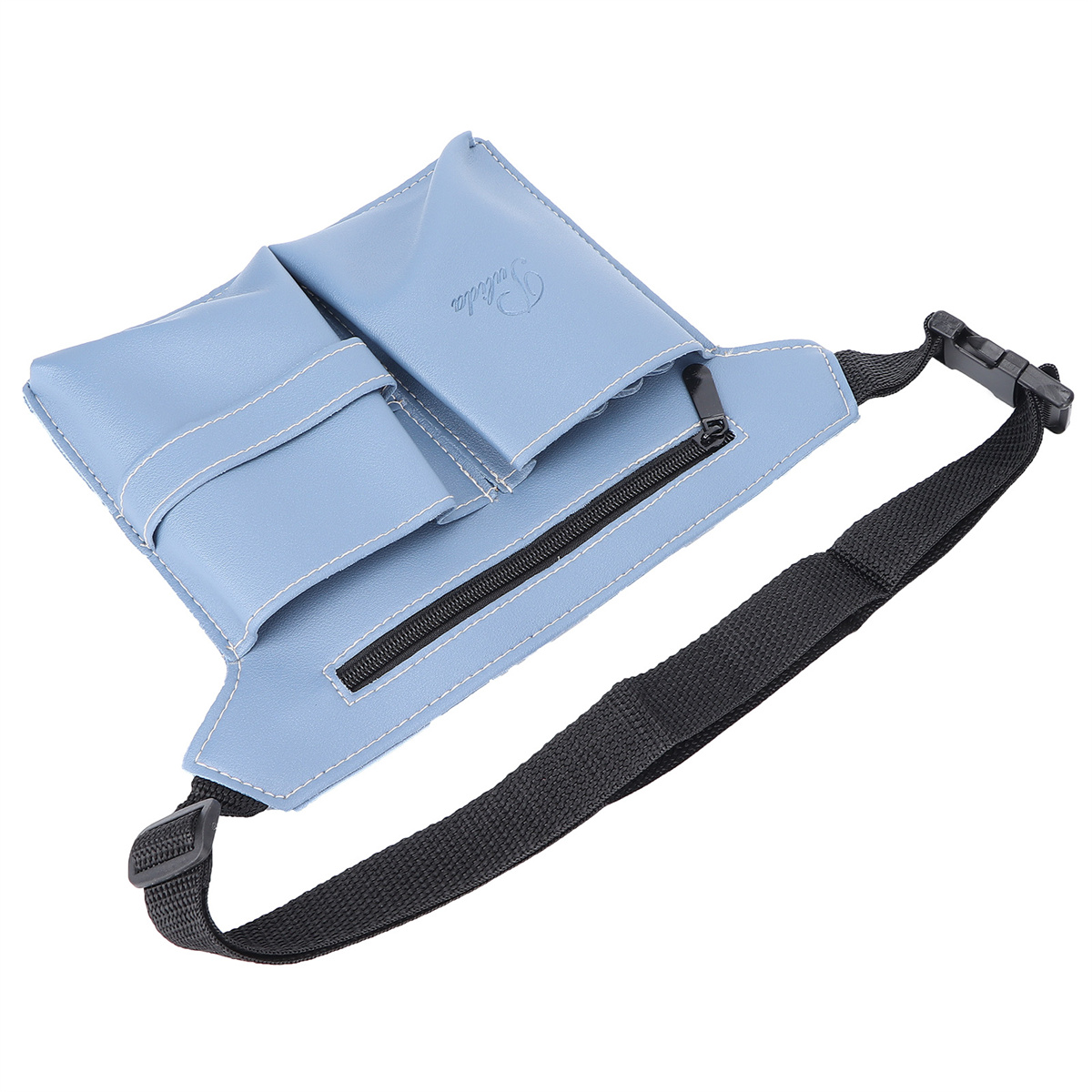 Eine hellblaue Bauchtasche mit zwei Taschen und einem schwarzen Gurt mit Schnalle.