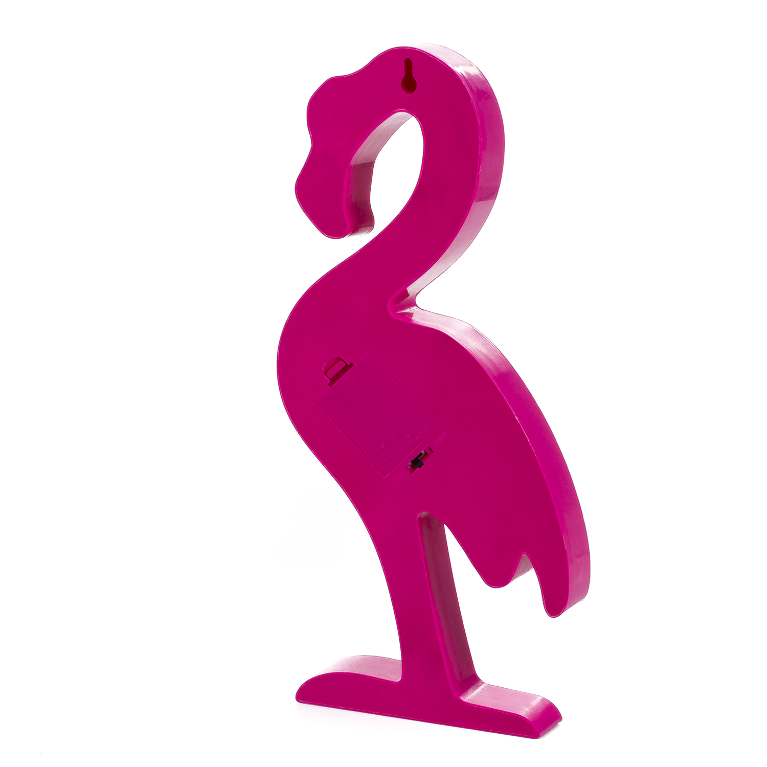 Una lámpara en forma de flamenco rosa. Es una vista lateral, con una luz.