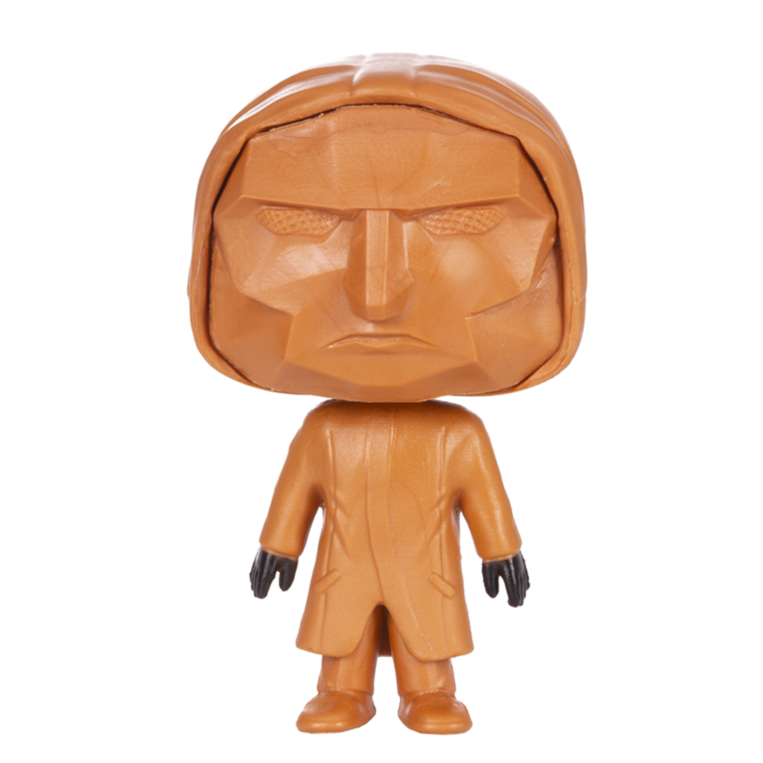 Orange Figur mit stilisiertem Kopf und langem Mantel, schwarze Handschuhe.