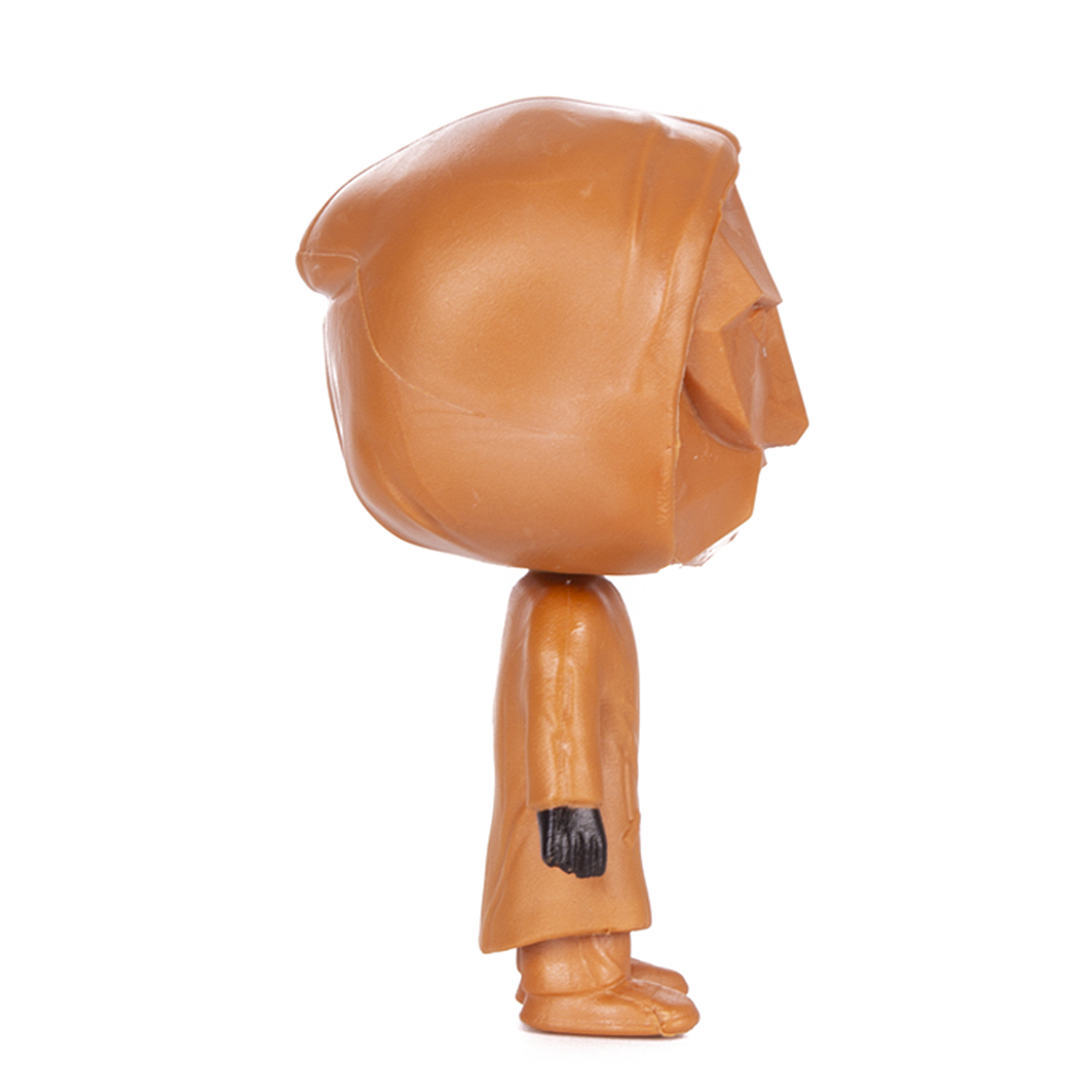 Eine orangefarbene Figur von der Seite, mit Kopf und Körper, auf weißem Hintergrund.