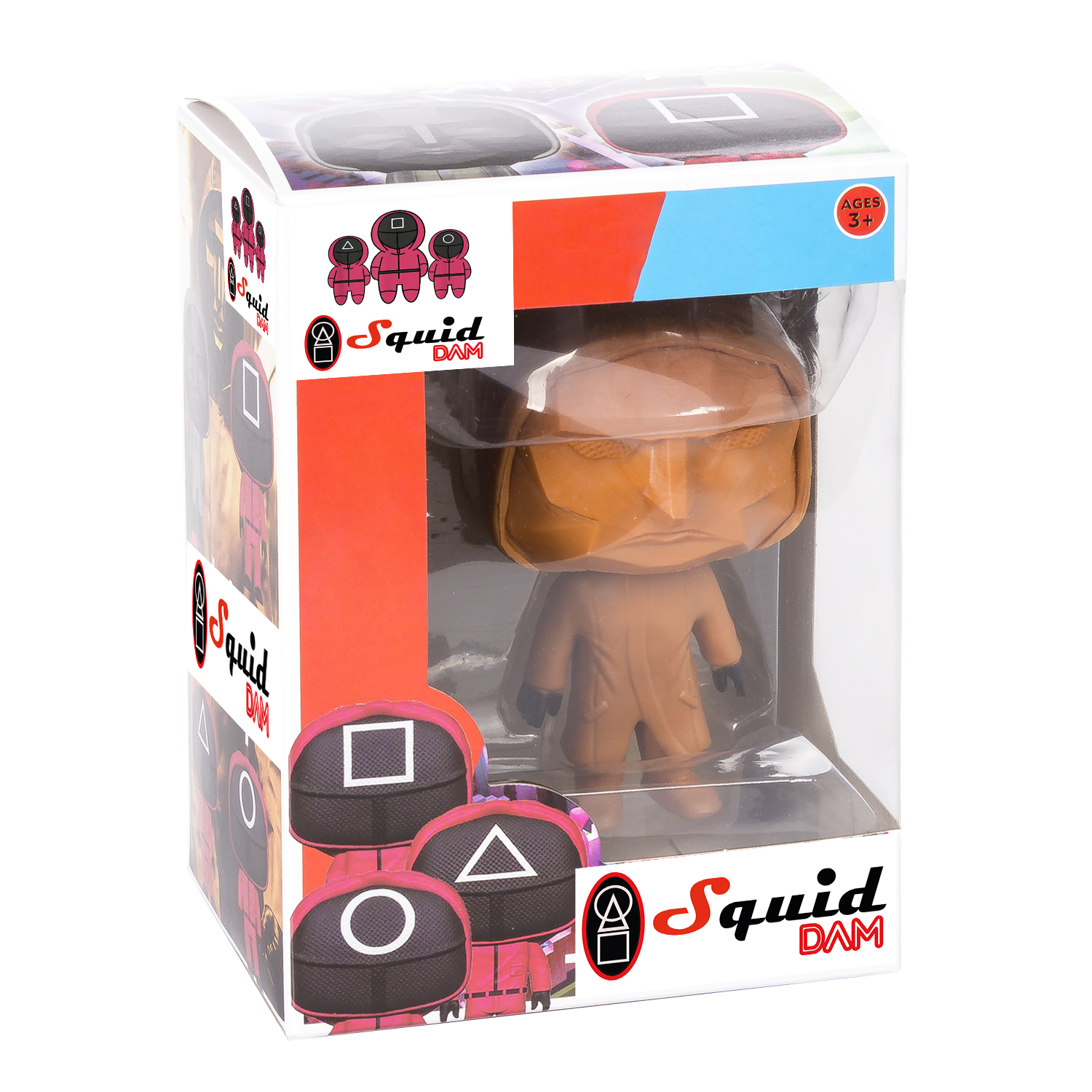Squid Game Spielzeug in einer Box. Eine Figur in braunem Anzug ist drin.