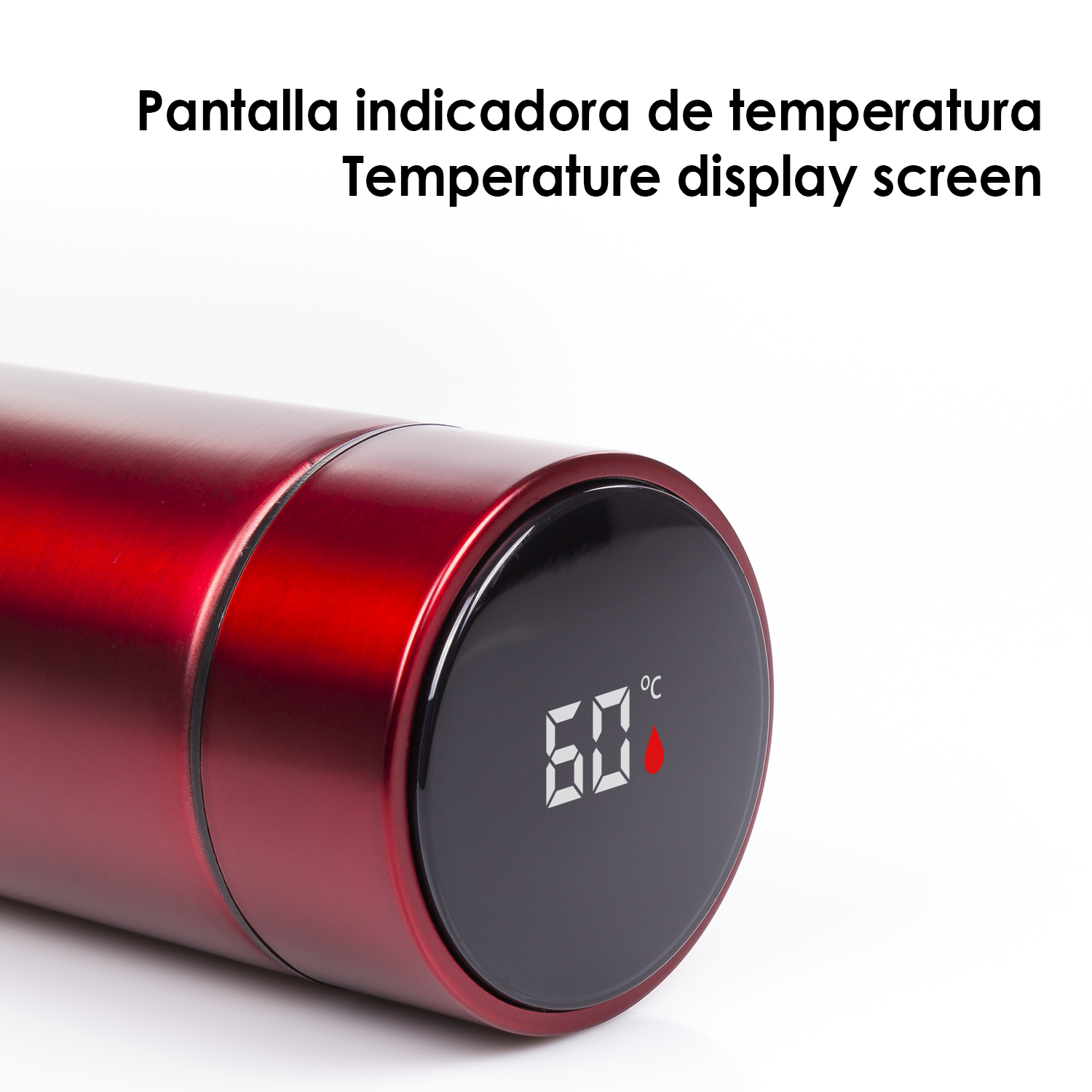 Botella de agua de metal rojo con una pantalla digital que muestra 60 grados. Círculo negro alrededor de la pantalla.