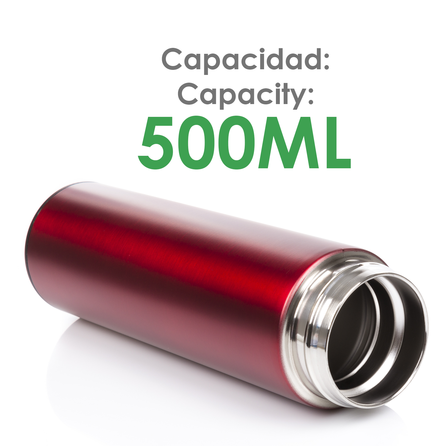 Una botella de agua roja de acero inoxidable con borde plateado, capacidad de 500 ml.