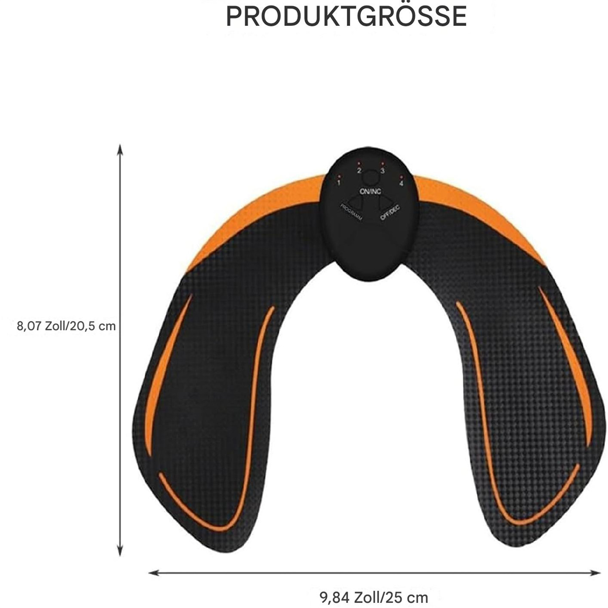 Ein elektrischer Muskelstimulator mit Abmessungen in Zentimetern und Zoll. Er hat ein orange-schwarzes Design.