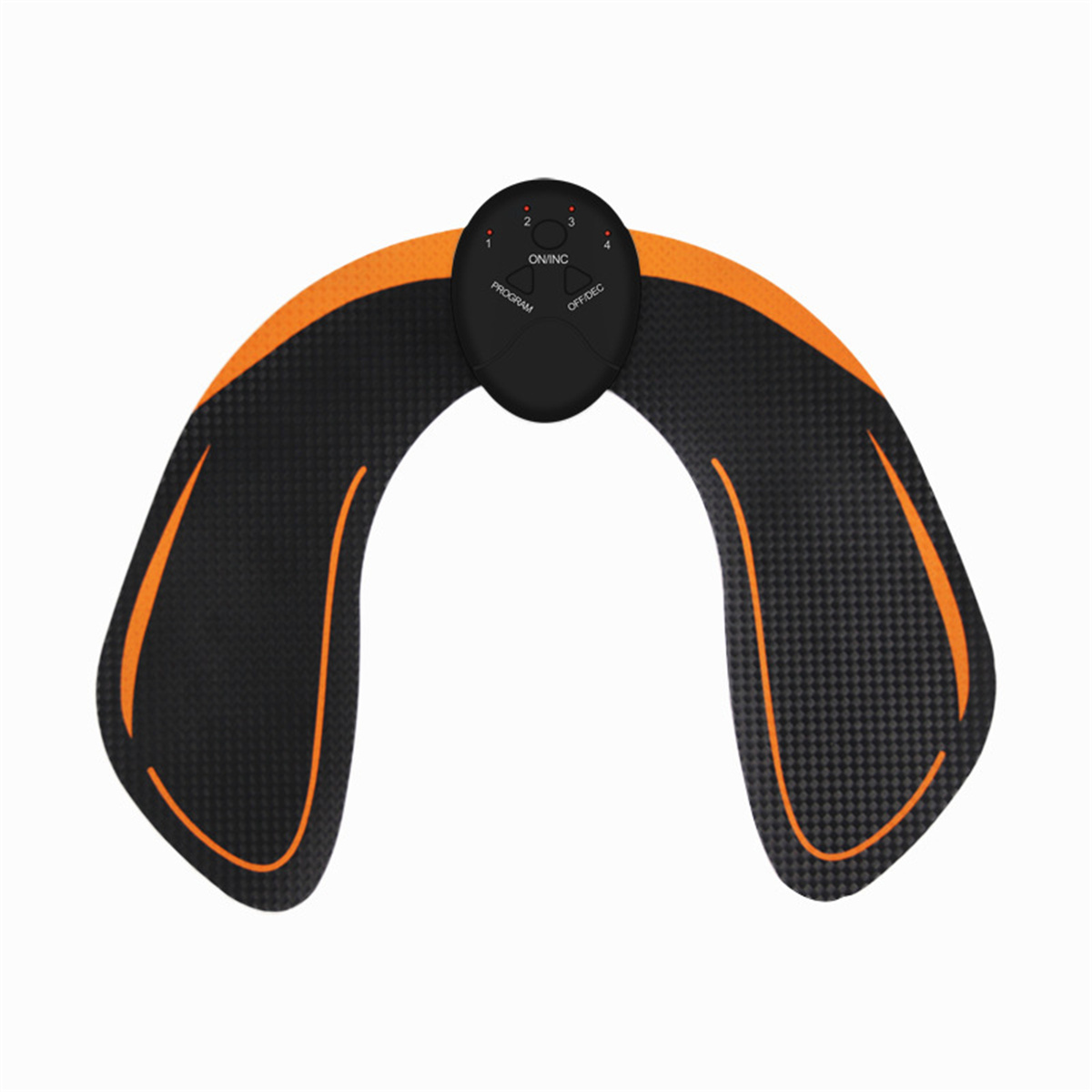 Ein orangefarbener und schwarzer EMS-Hüfttrainer. Es hat ein schwarzes Bedienfeld in der Mitte.