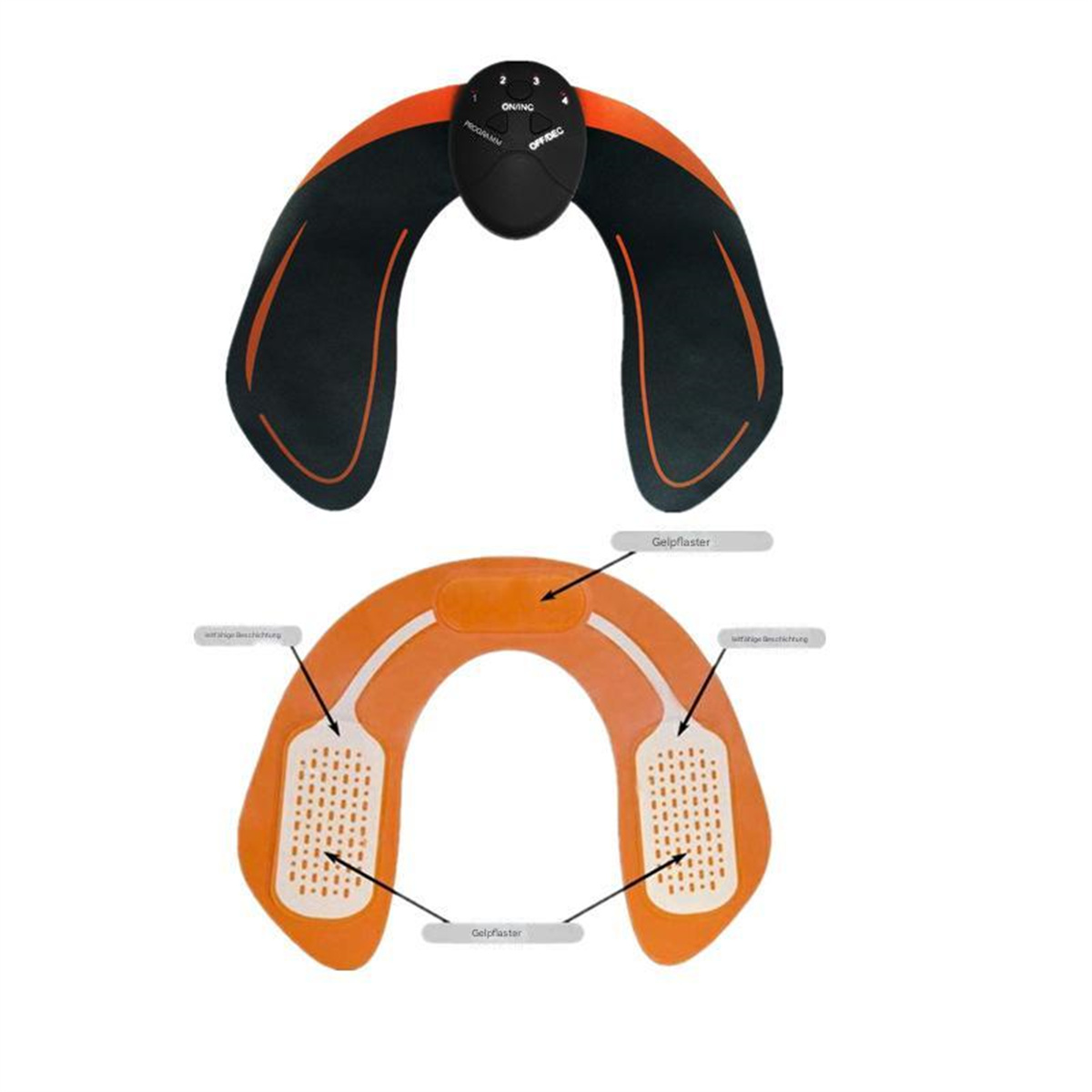 Muskelstimulationspads, orange und schwarz, auf weißem Hintergrund angeordnet.