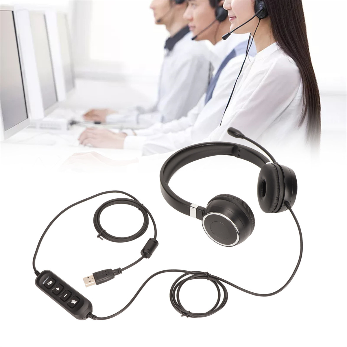 Headset und USB-Adapter, im Hintergrund Personen mit Headsets.