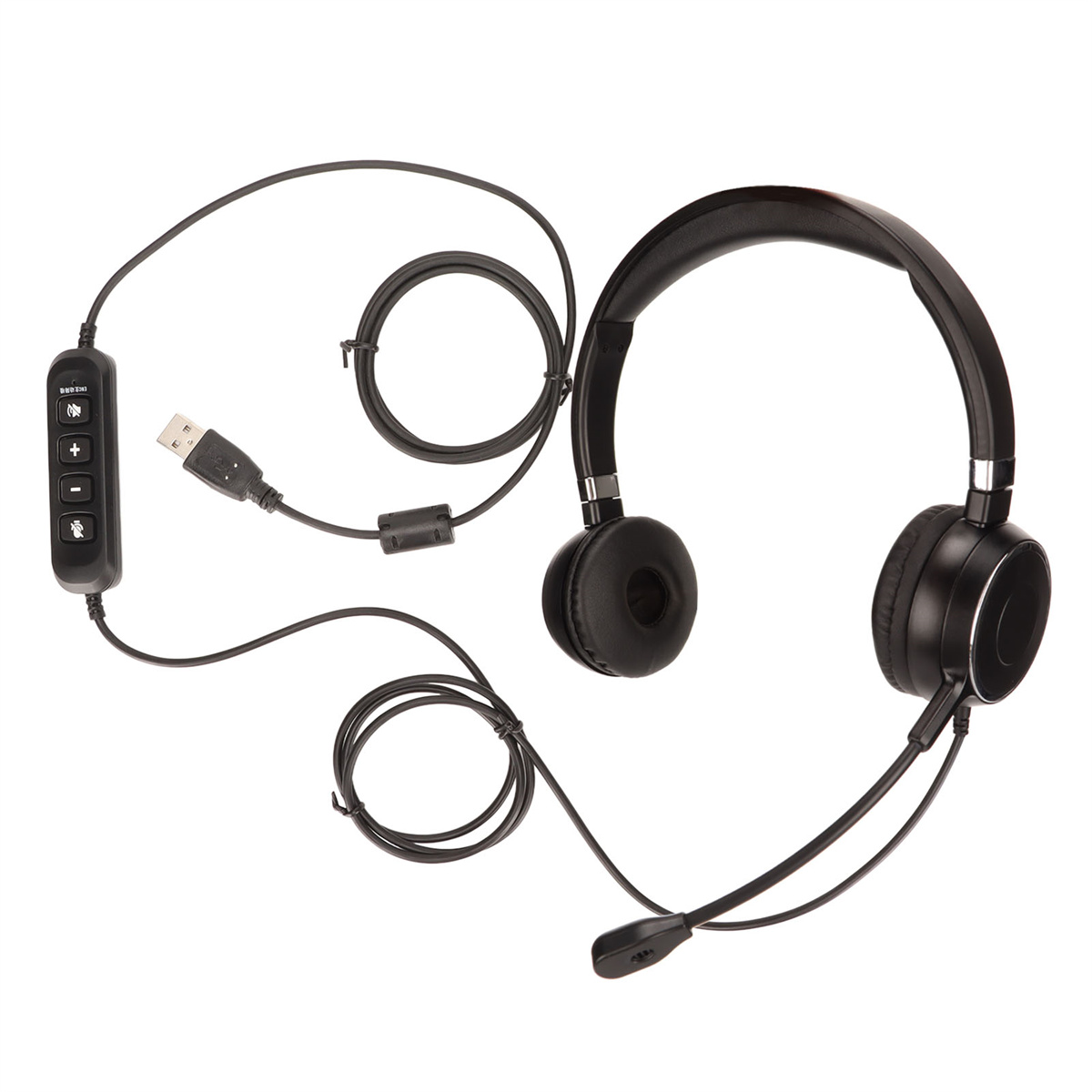 Schwarzes Headset mit USB-Kabel und Lautstärkeregler.