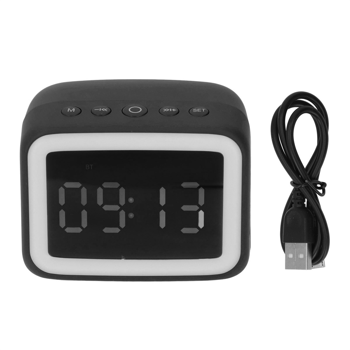 Schwarze Digitaluhr, die 09:13 anzeigt, mit USB-Kabel.